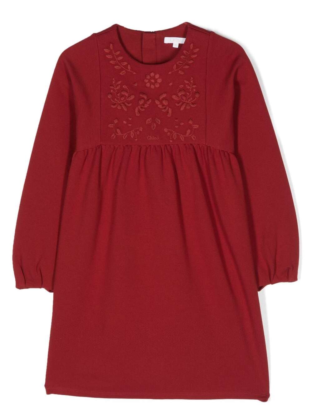 CHLOÉ RED DRESS WITH TONAL FLOREAL EMBROIDERY IN COTTON BLEND GIRL