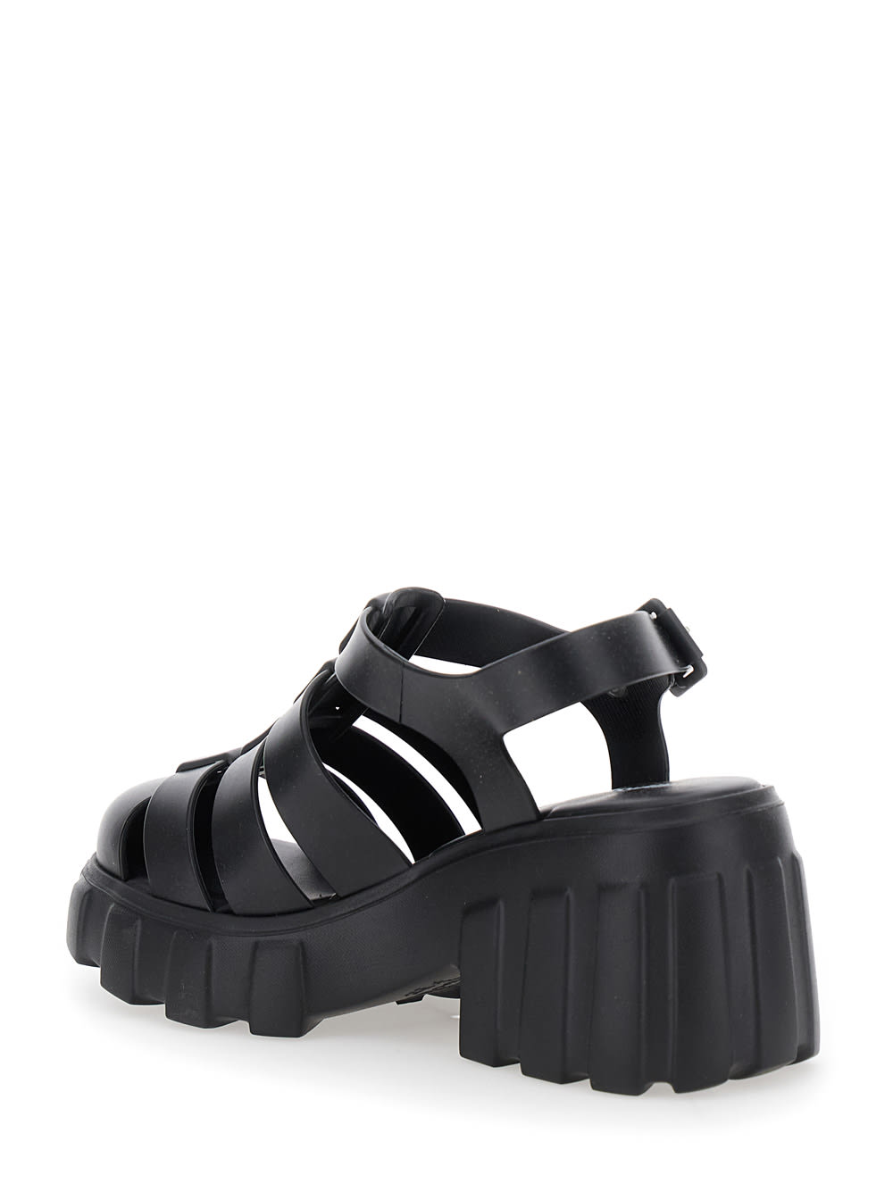 Shop Melissa Megan Black Sandals With Adjustable Buckle Closure And Cage Design In Tech Fabric Woman