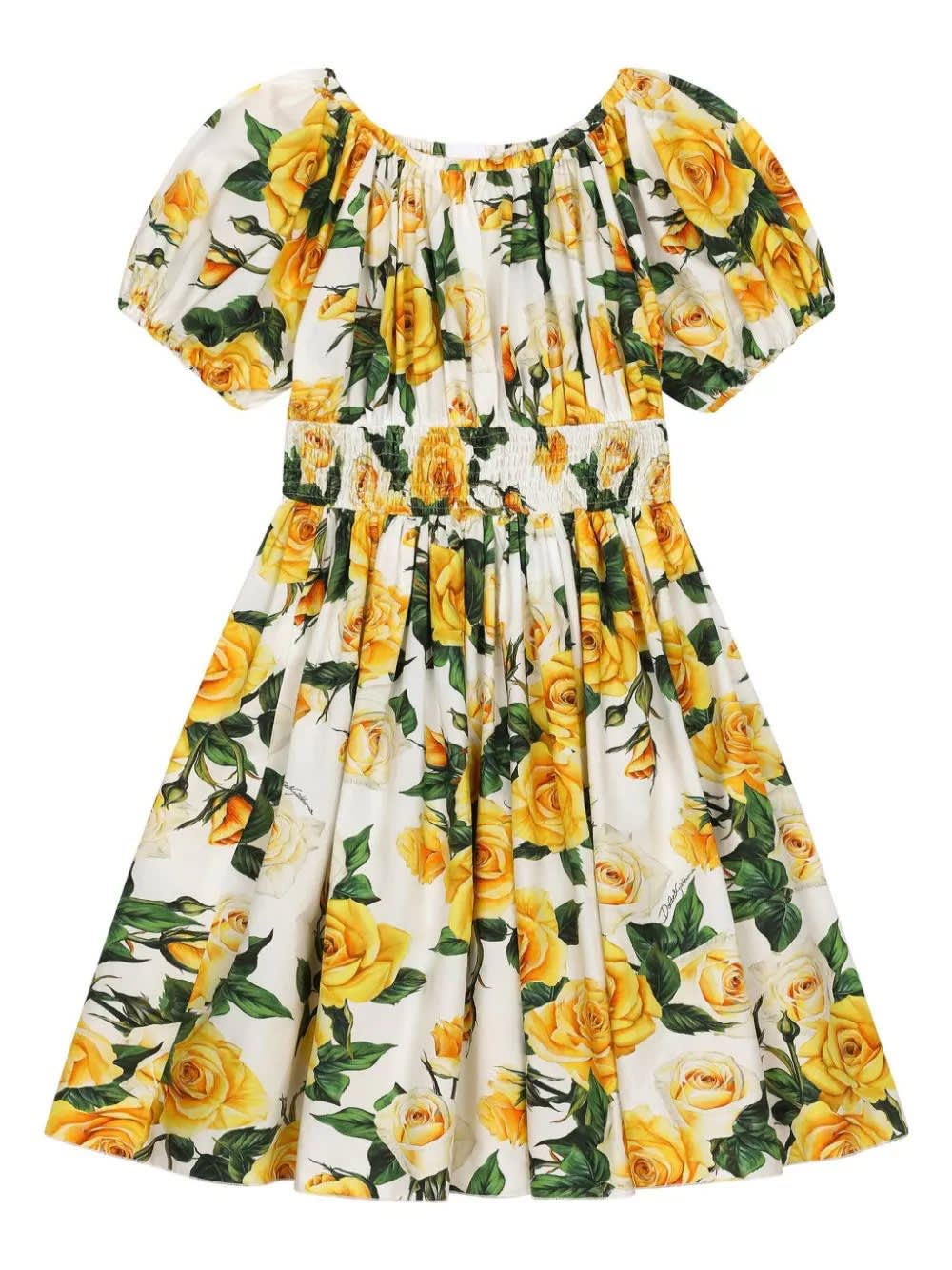 Shop Dolce & Gabbana Ruffled Dress With Yellow Roses Print In White