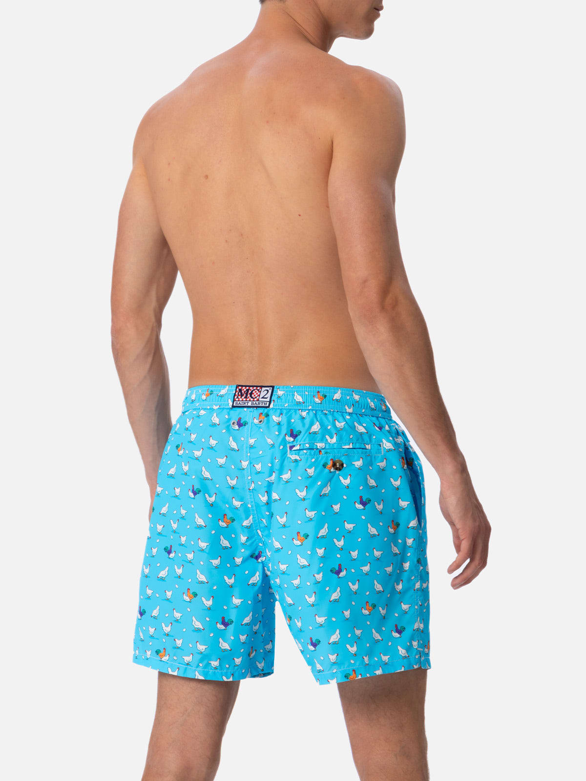 Mc2 Saint Barth Man Lightweight Fabric Swim-shorts Lighting Micro Fantasy With Rooster Print In Sky