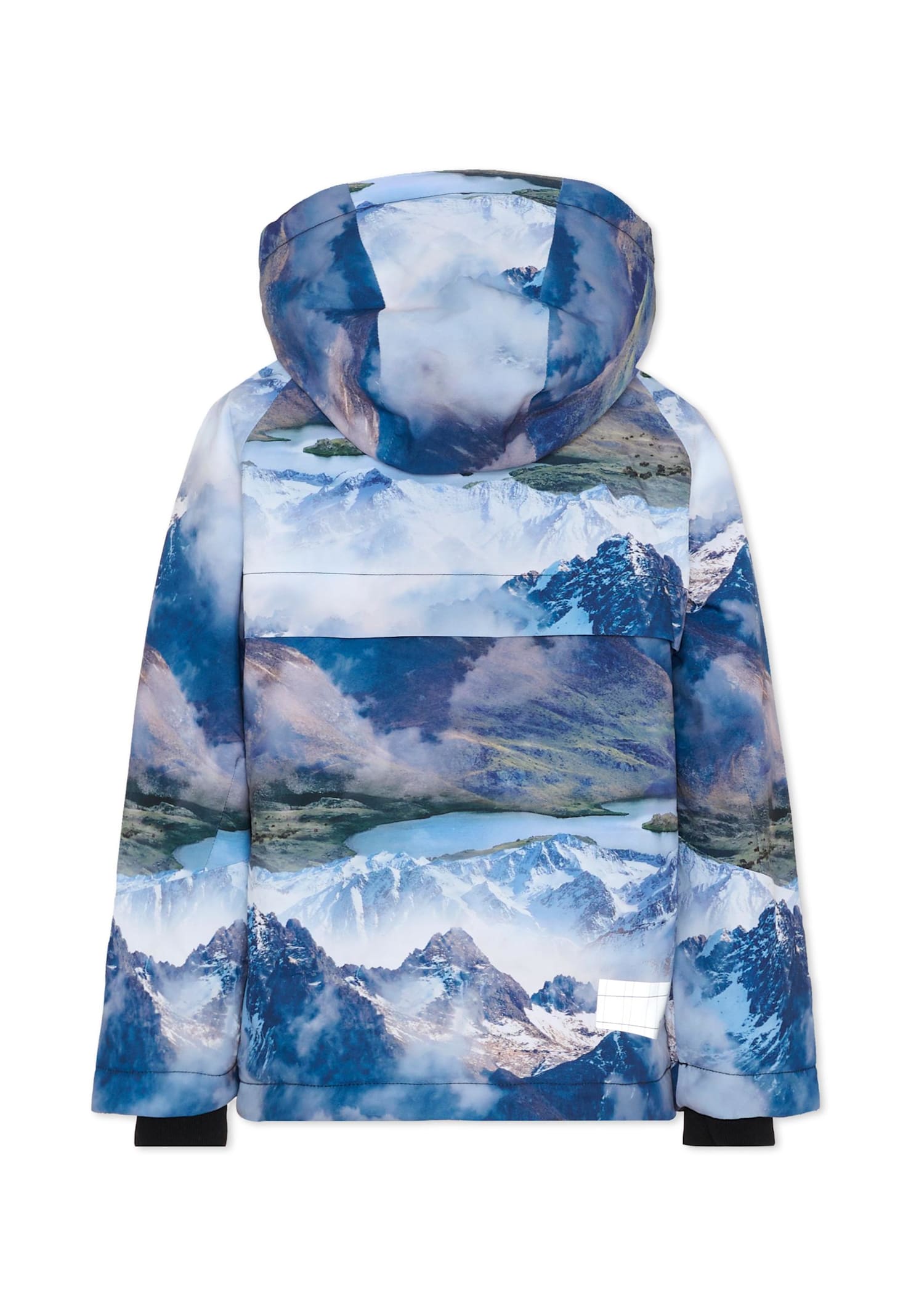 Molo Blue Down Snow Jacket For Boy With Mountain Print In Blue