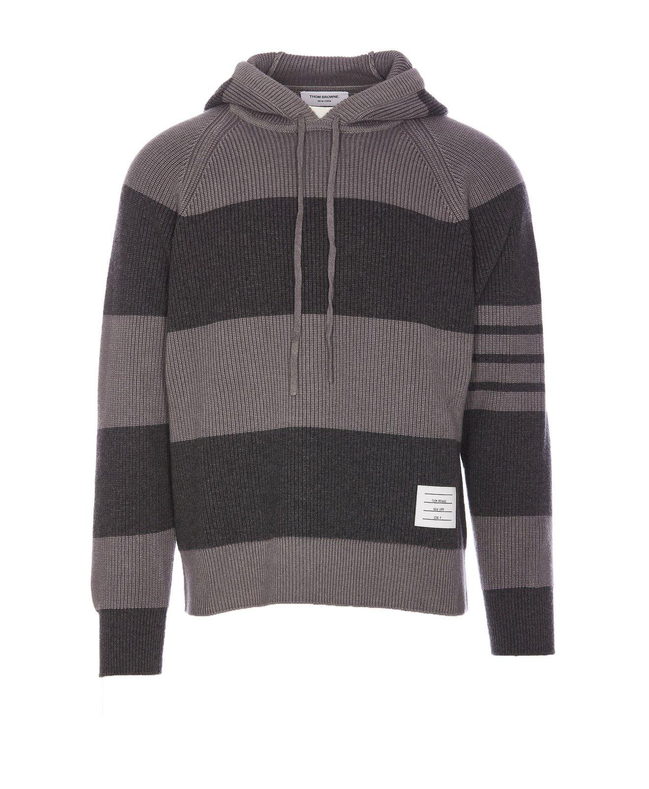 Shop Thom Browne 4-bar Striped Knitted Drawstring Hoodie In Tonal Grey