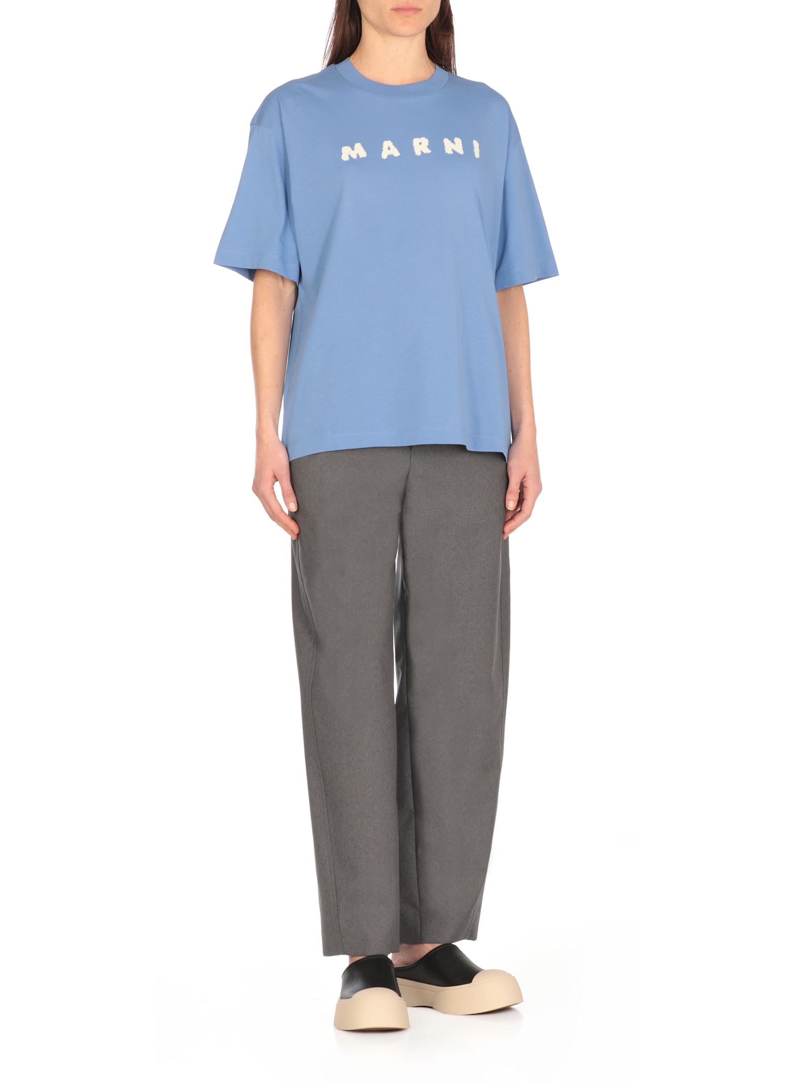 Marni Crew Neck Cotton T-shirt In Light Blue