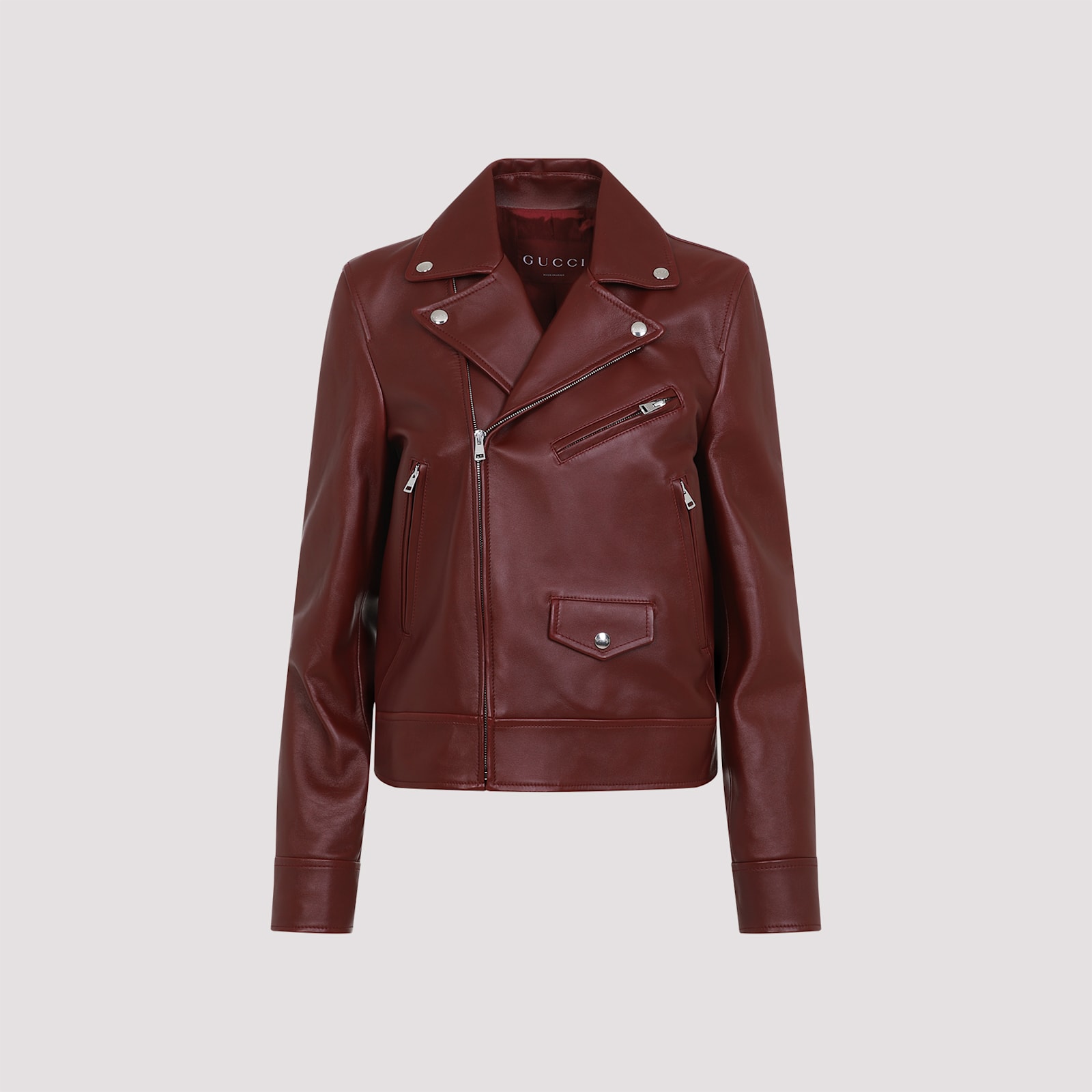 Gucci Biker Leather Jacket In Burgundy