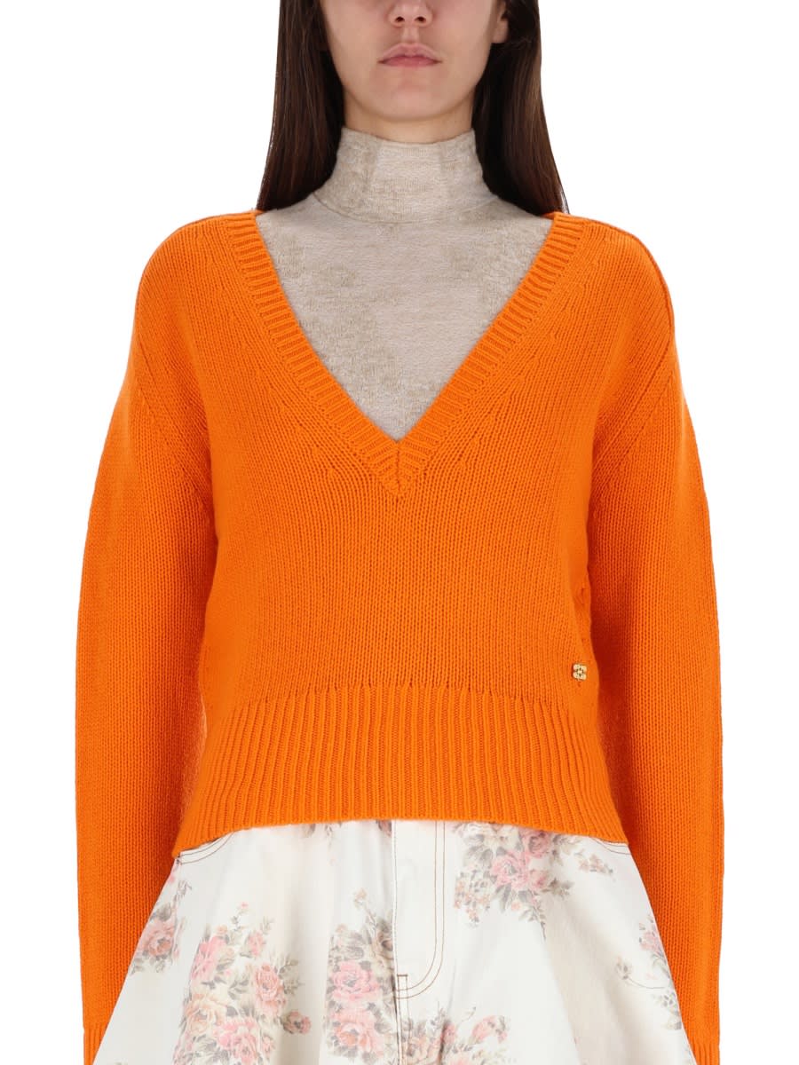 Ganni V-neck Cashmere Pullover In Orange