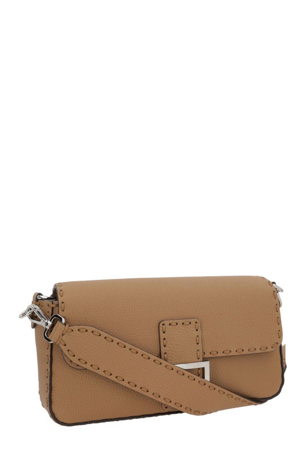 Fendi Ff Plaque Foldover-top Shoulder Bag In Cappuccino+palladio