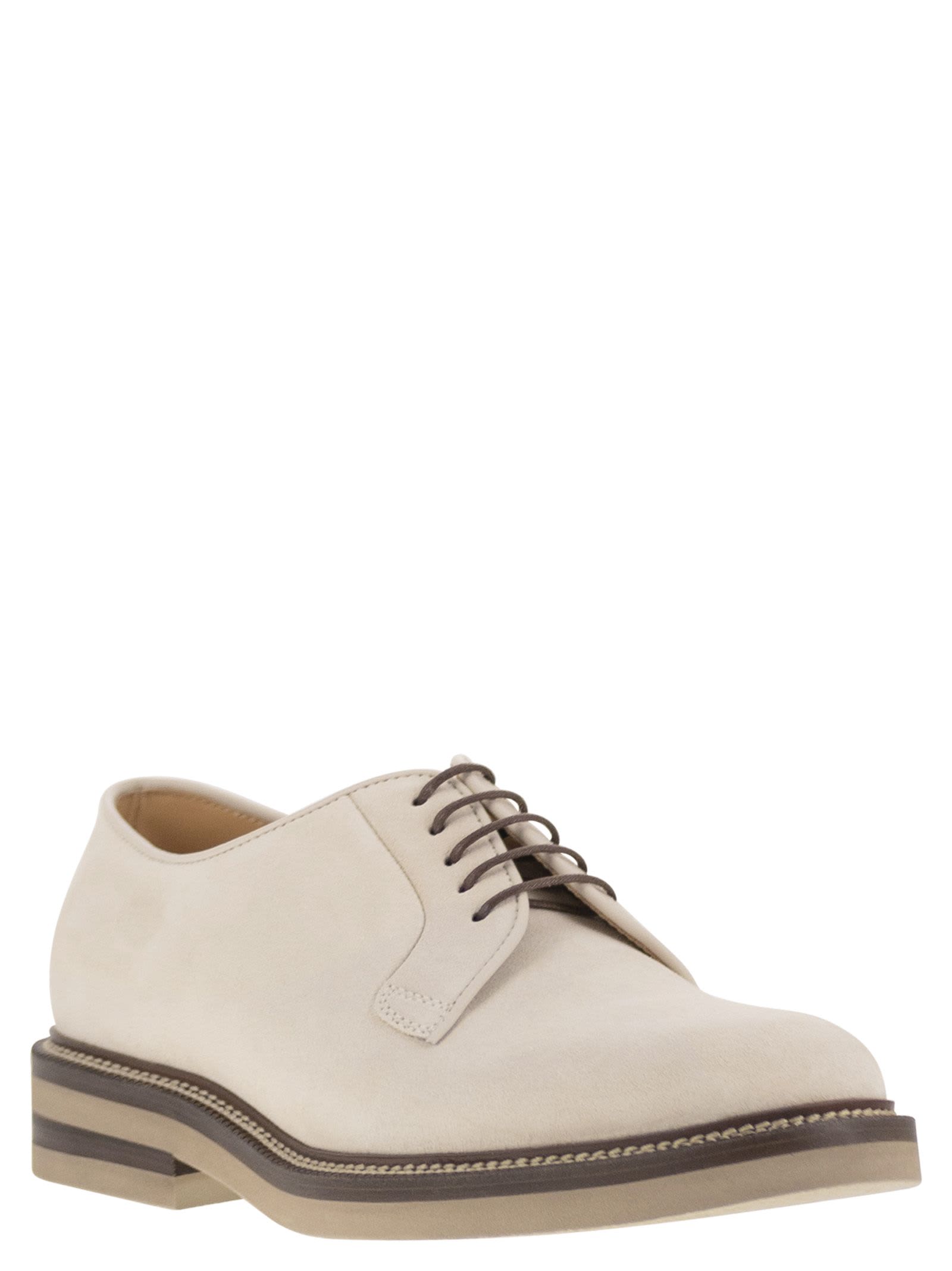 Brunello Cucinelli Suede Lace-up Shoe With Contrasting Midsole In Milk