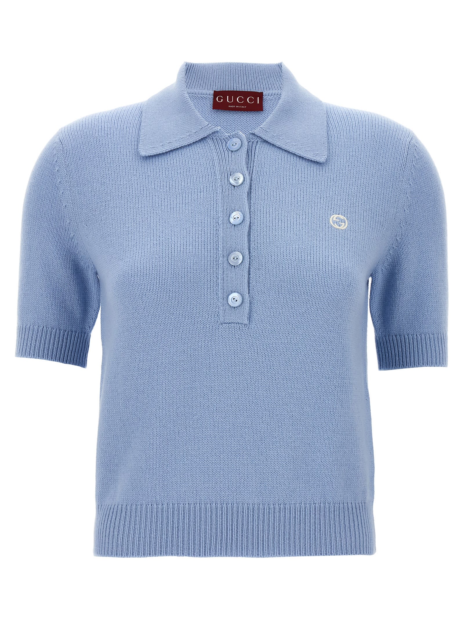 Shop Gucci Logo Embroidery Polo Shirt In Light Blue