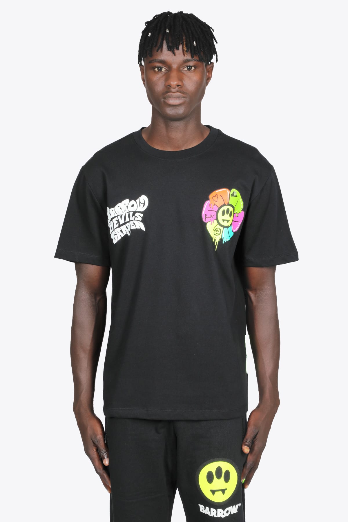 Barrow T-shirt Stampa Fiore Black cotton t-shirt with flower and slogan print