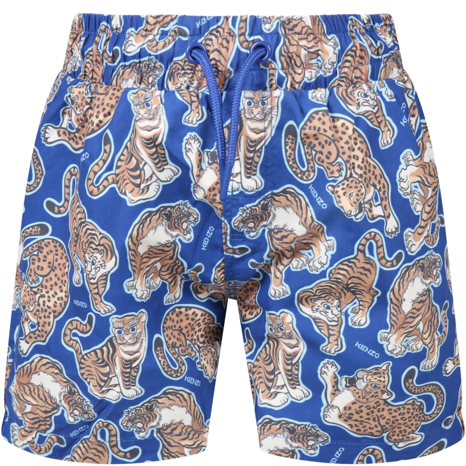 Kenzo Kids Blue Swimshort For Boy With Tigers