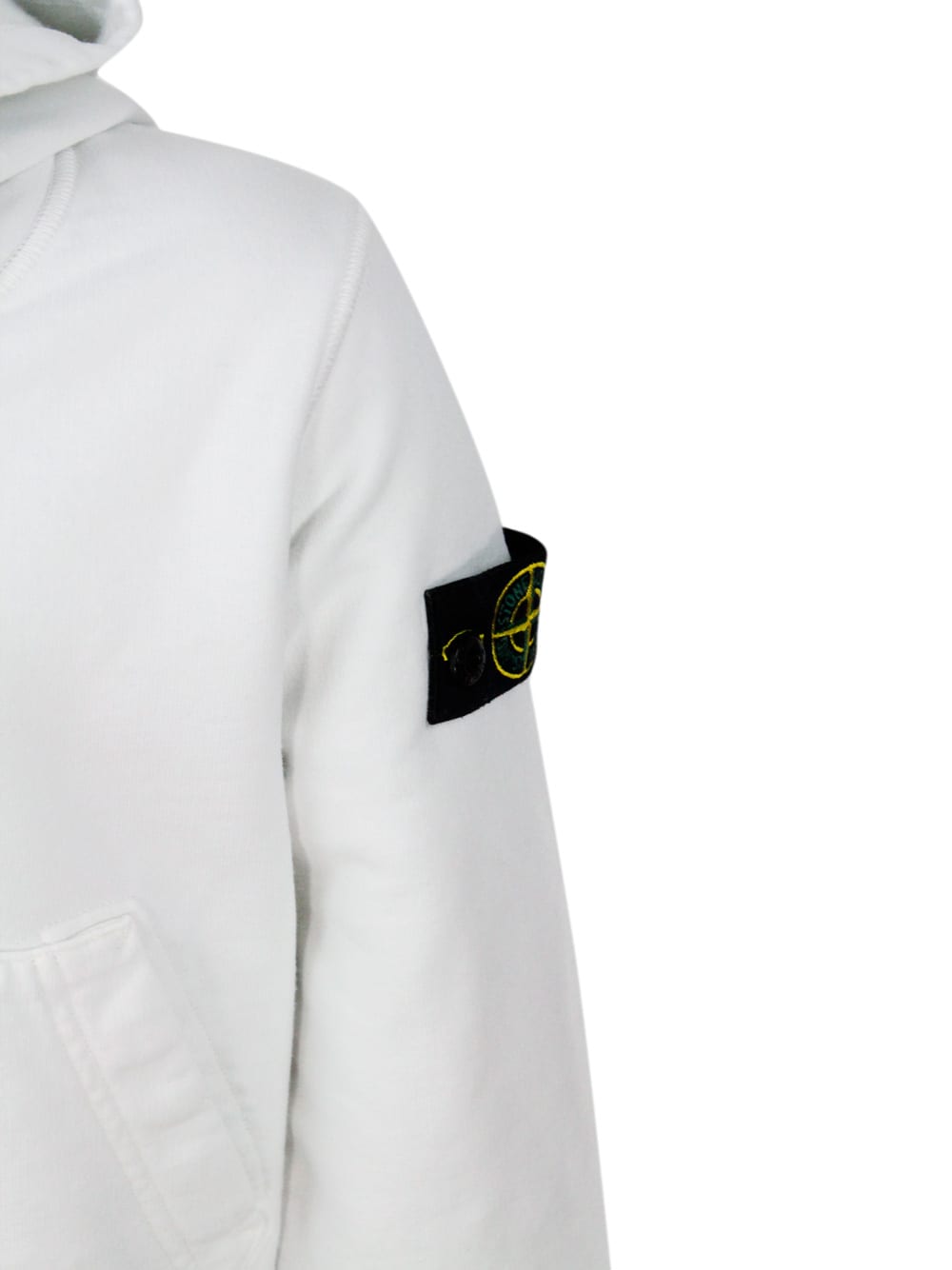 Stone Island Rocky Hooded Sweatshirt With Long Sleeves In Stretch Cotton With Badge On The Left Sleeve In White