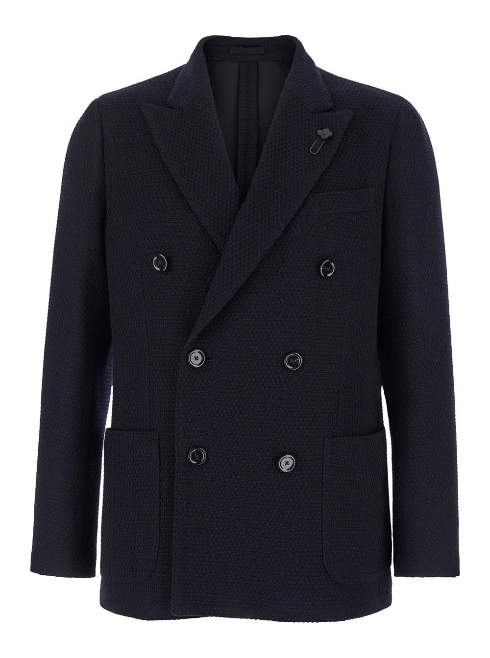 Shop Lardini Blue Double-breasted Jacket With Logo Pin In Knit Man