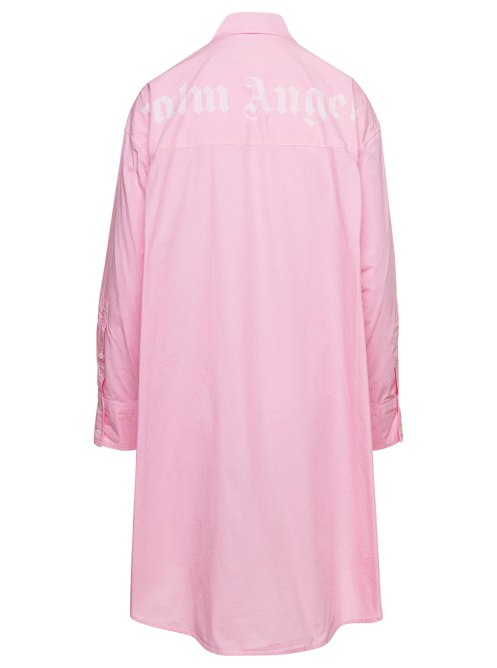 Shop Palm Angels Mini Pink Shirt Dress With Contrasting Logo Print At The Back In Cotton Woman