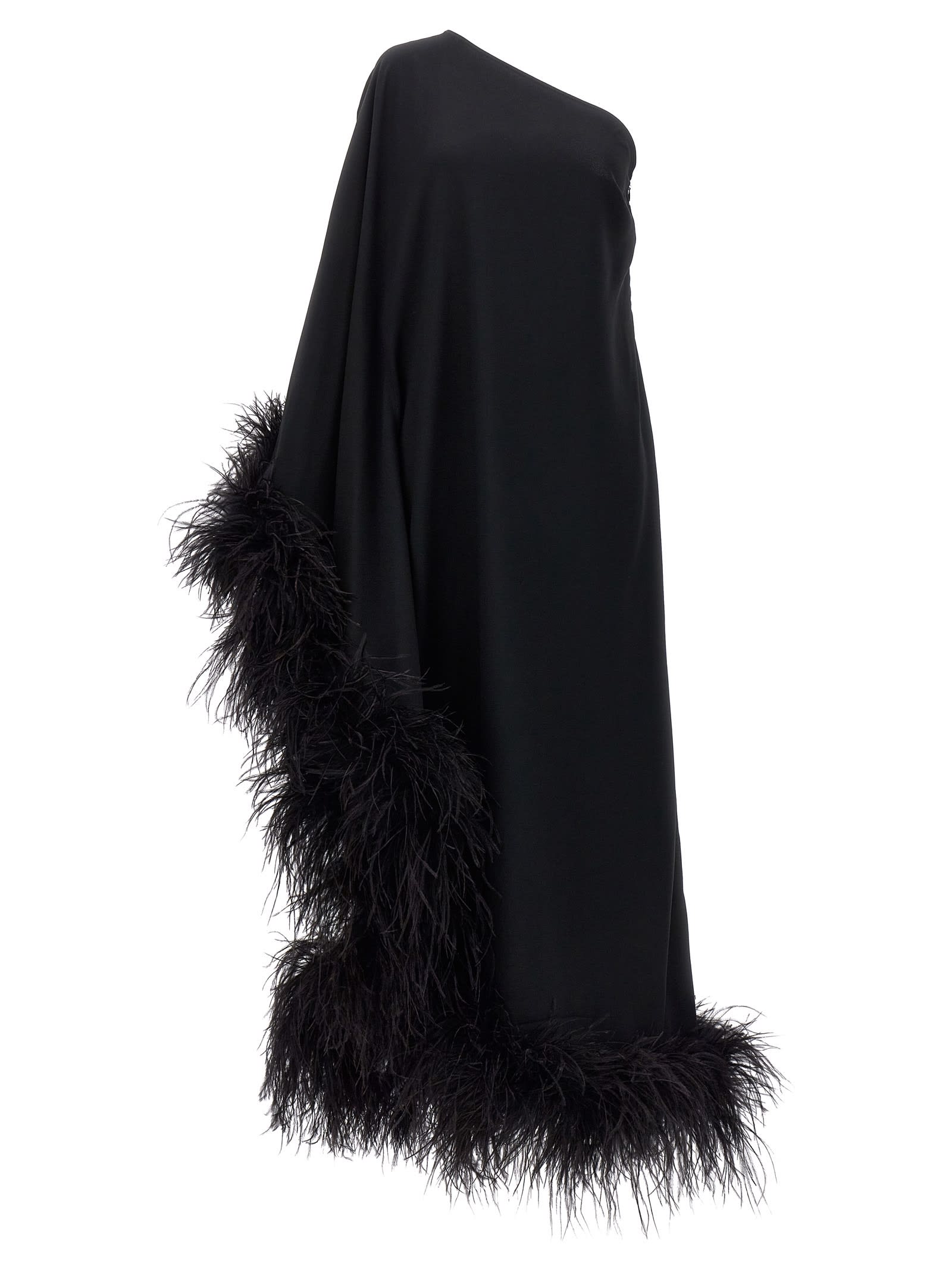Taller Marmo Ubud One-shoulder Feather-trimmed Crepe Maxi Dress In Nero