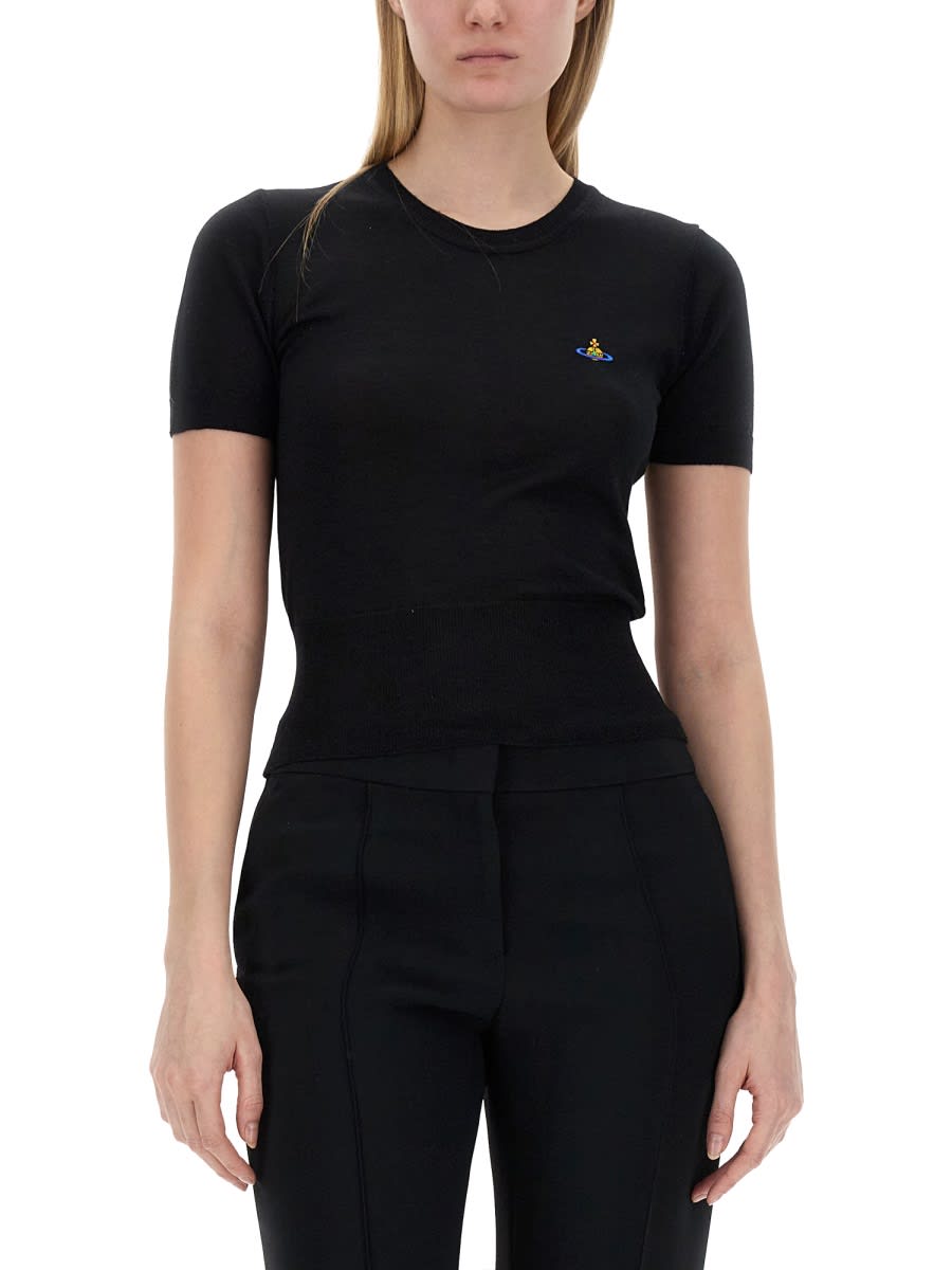 Vivienne Westwood Orb Embroidered Short-sleeved Knit Top In Black