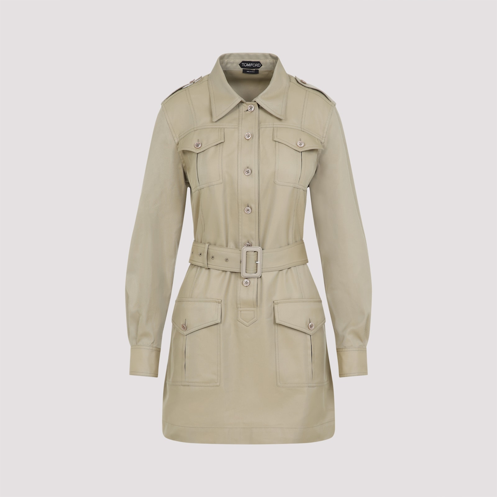 Tom Ford Pale Sage Beige Cotton Safari Mini Dress In Pale Sage