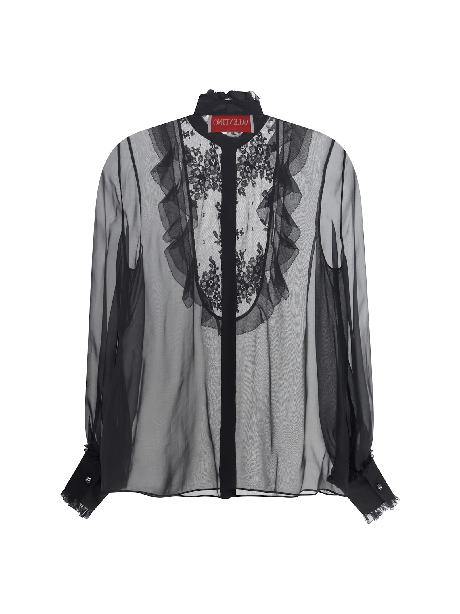 Valentino Black Silk Georgette Shirt With Lace Insert