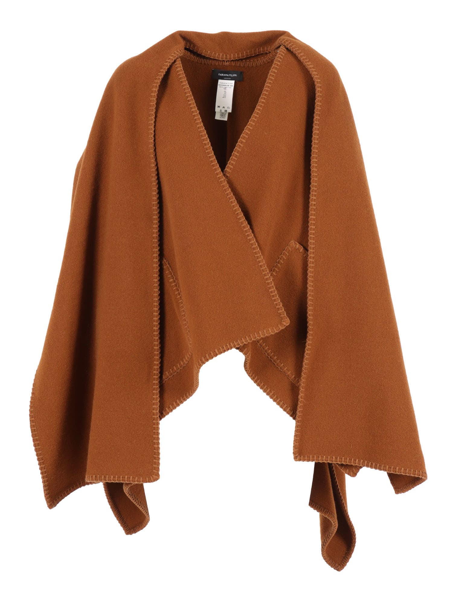 Fabiana Filippi Wool Cape With Patch Pockets And Piercing Detail In Brown