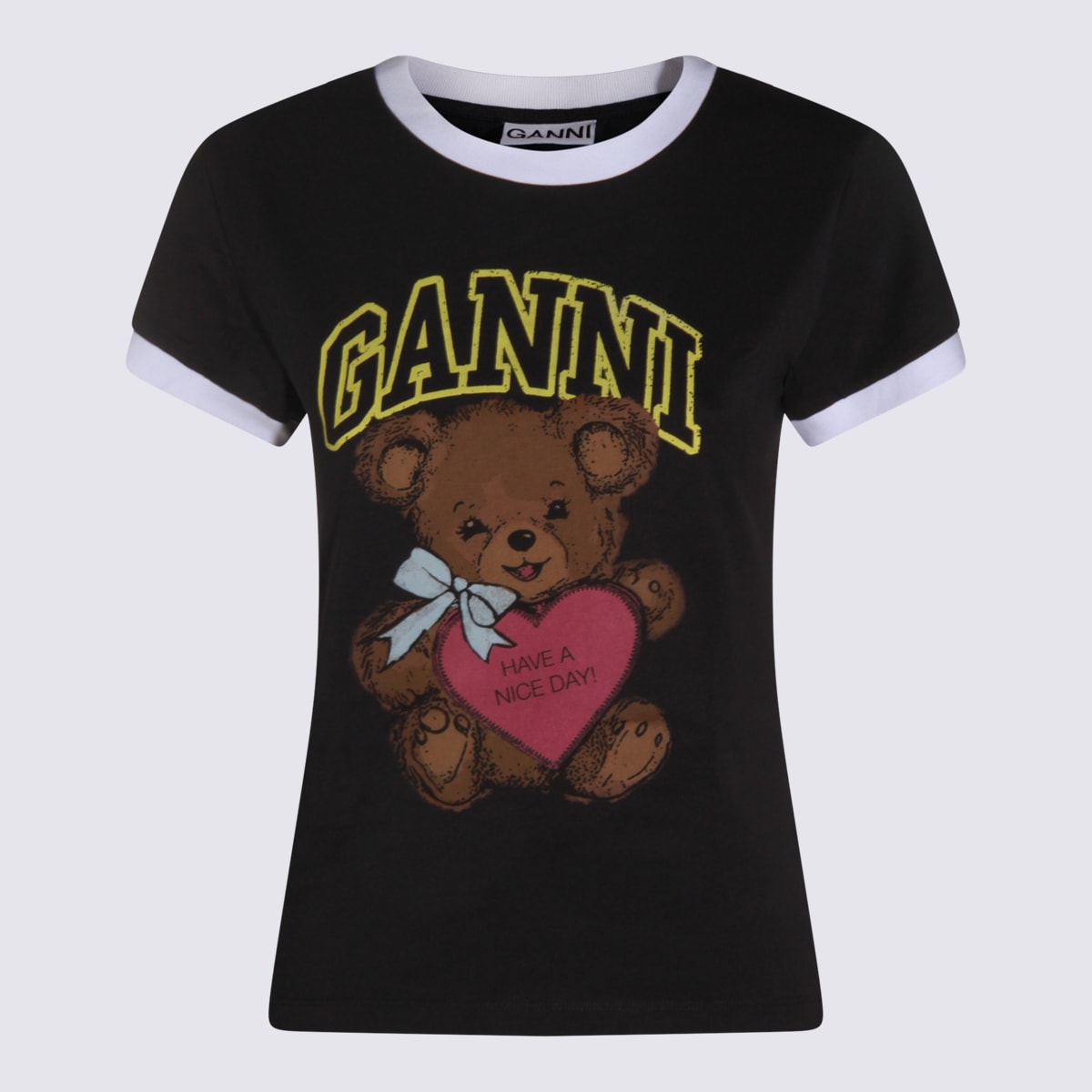 Ganni Black Crewneck T-shirt With Maxi Logo On The Front In Cotton Jersey Woman In Black