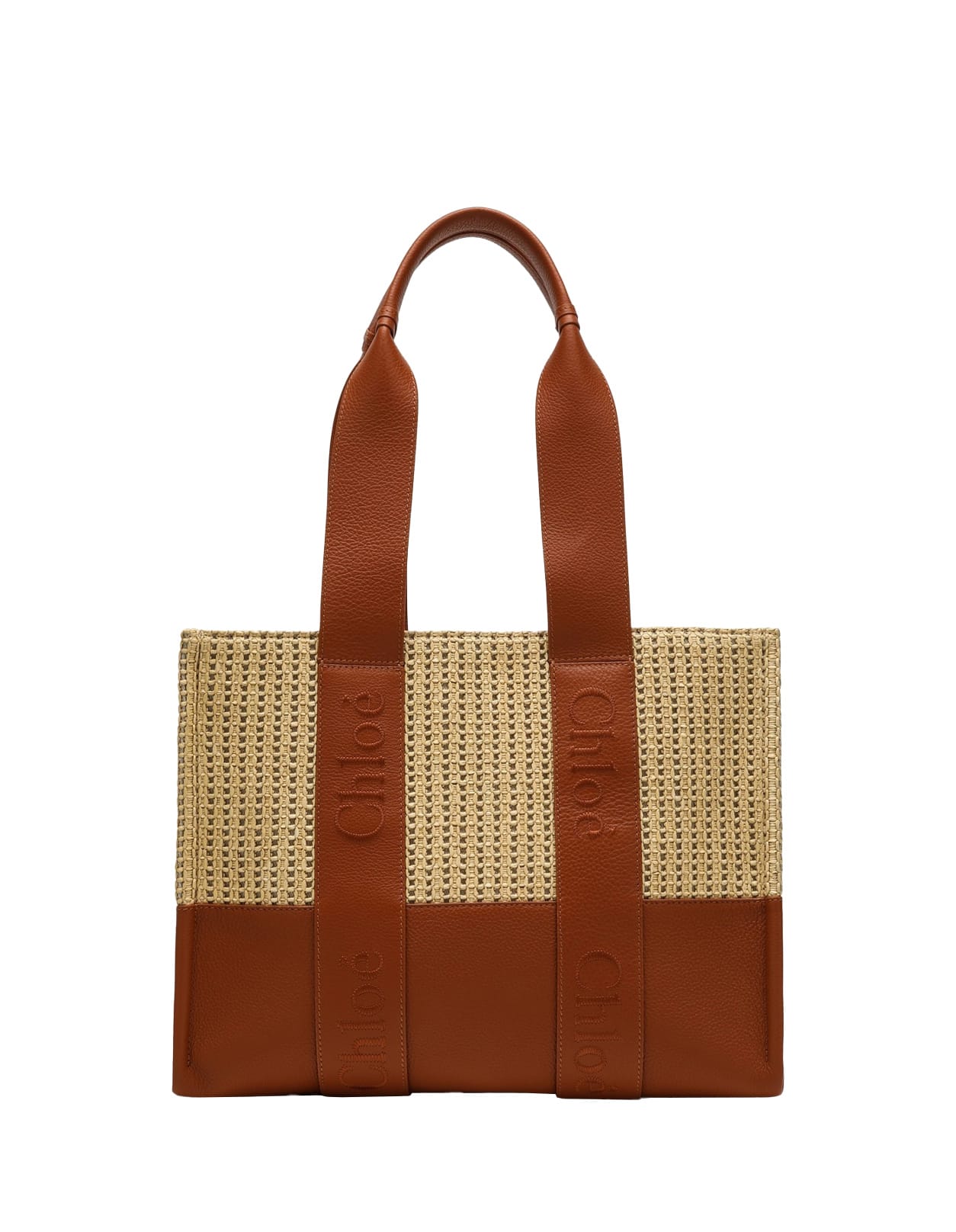 Shop Chloé Woody Medium Tote Bag In Leather And Raffia With Embroidered Logo In Brown