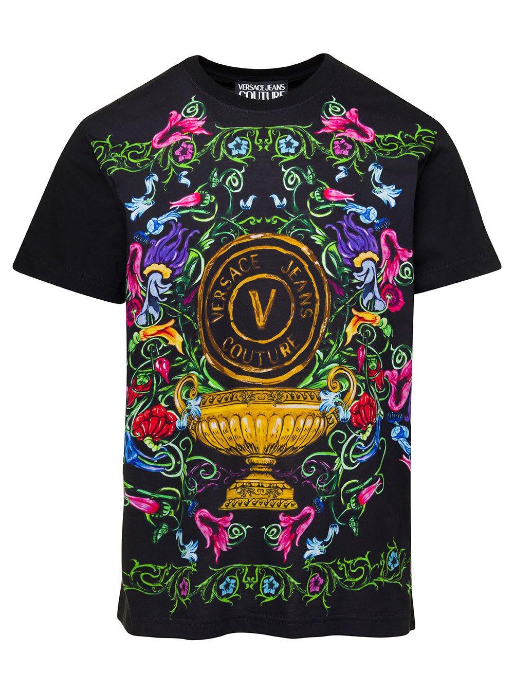 VERSACE JEANS COUTURE MULTIcolour CREWNECK T-SHIRT WITH FLOREAL AND LOGO PRINT IN COTTON MAN