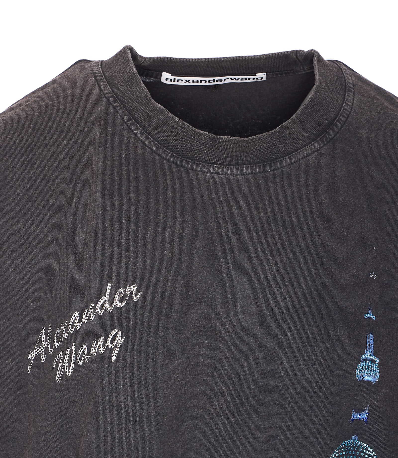 Alexander Wang T-shirt With Thermo-applied Rhinestones And Shanghai Skyline In Gray
