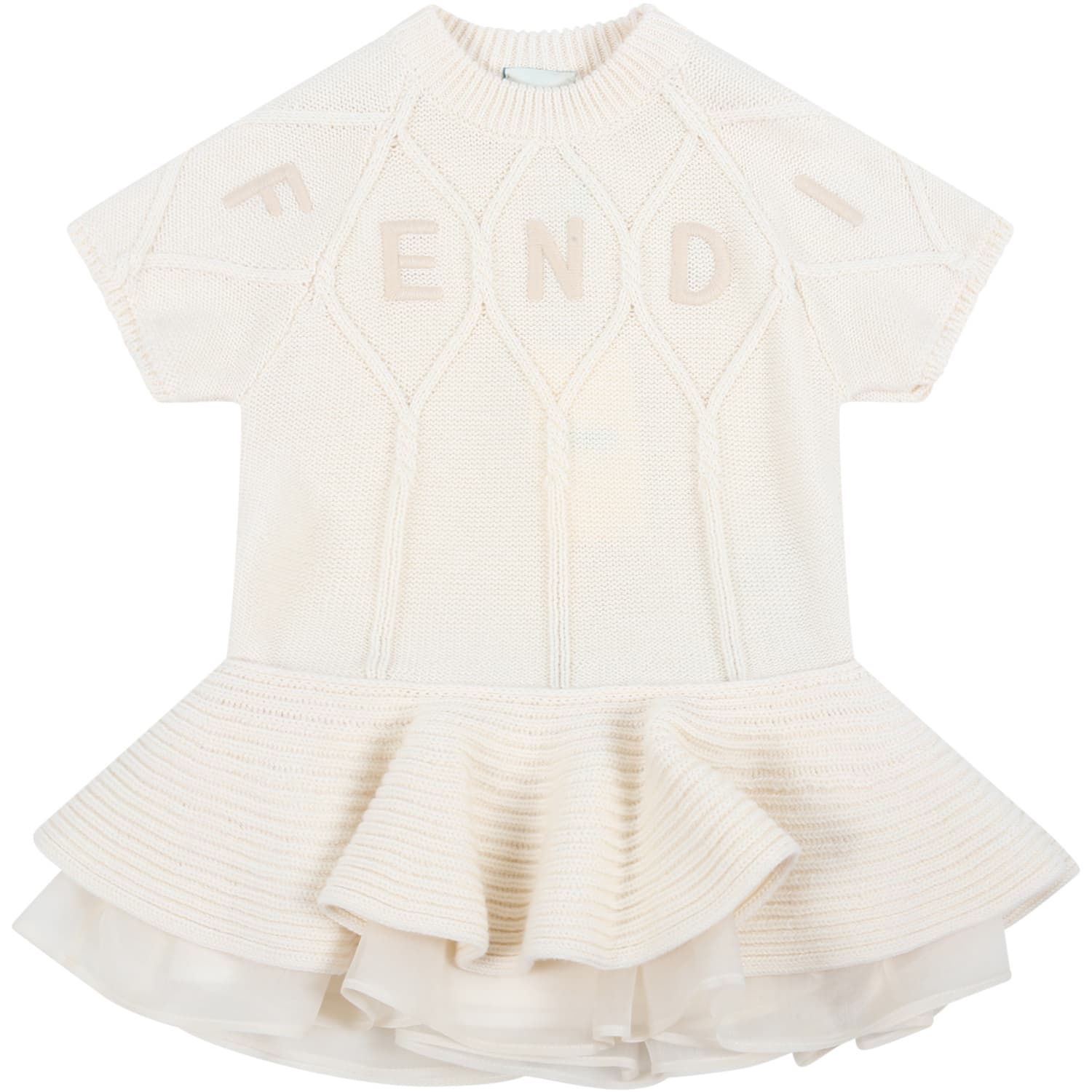 Fendi Ivory Dress For Baby Girl With Logo