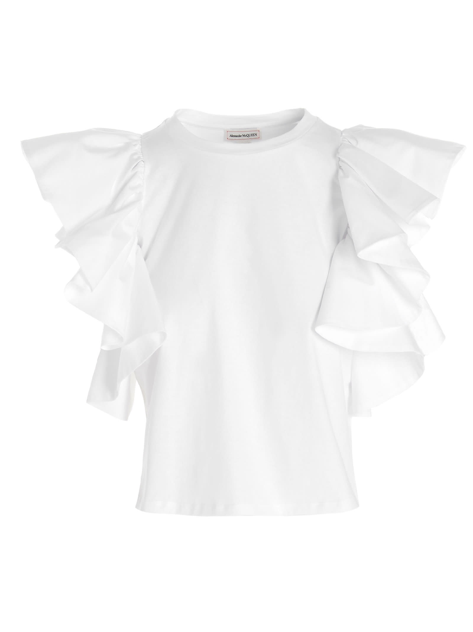 Alexander Mcqueen White Short Ruffled Sleeves Cropped Top In White