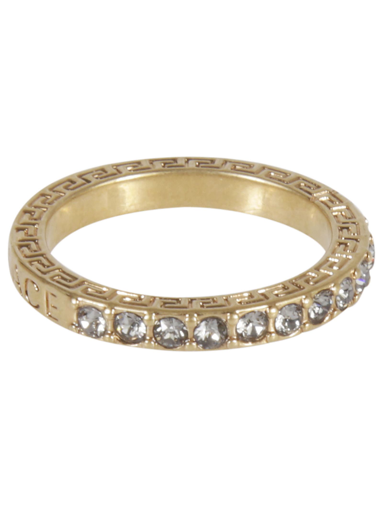Versace Crystal Embellished Ring In Black/gold Tribute