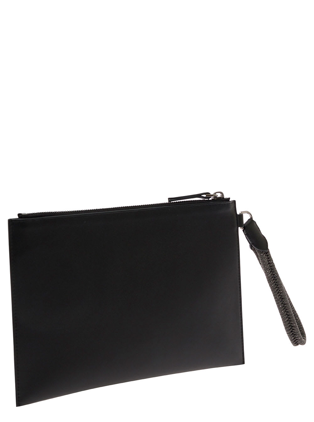Shop Brunello Cucinelli Black Clutch With Monile Wrist Strap In Leather Woman