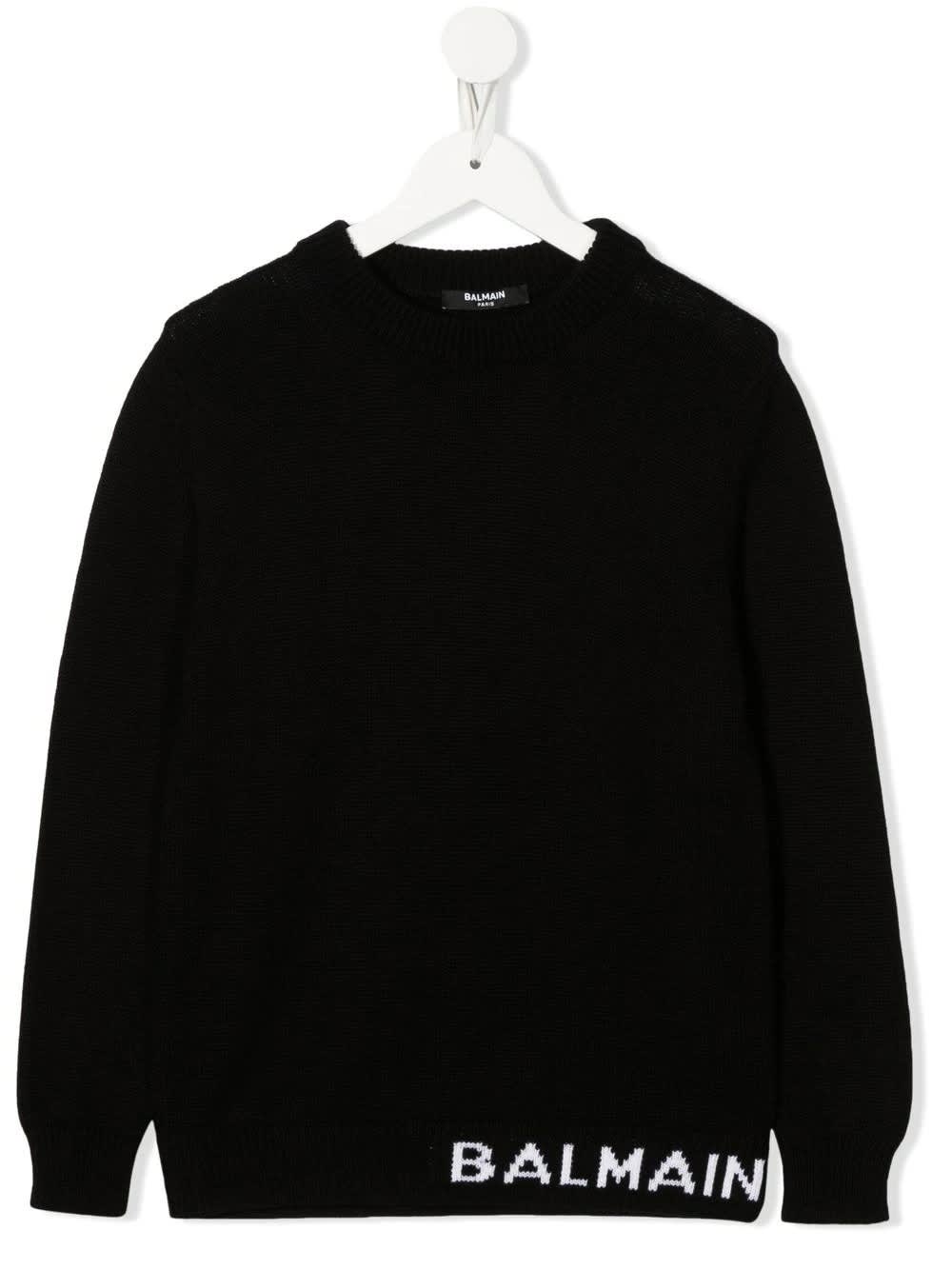 Balmain Kids Sweater In Cashmere And Black Cotton With White Logo On The Bottom