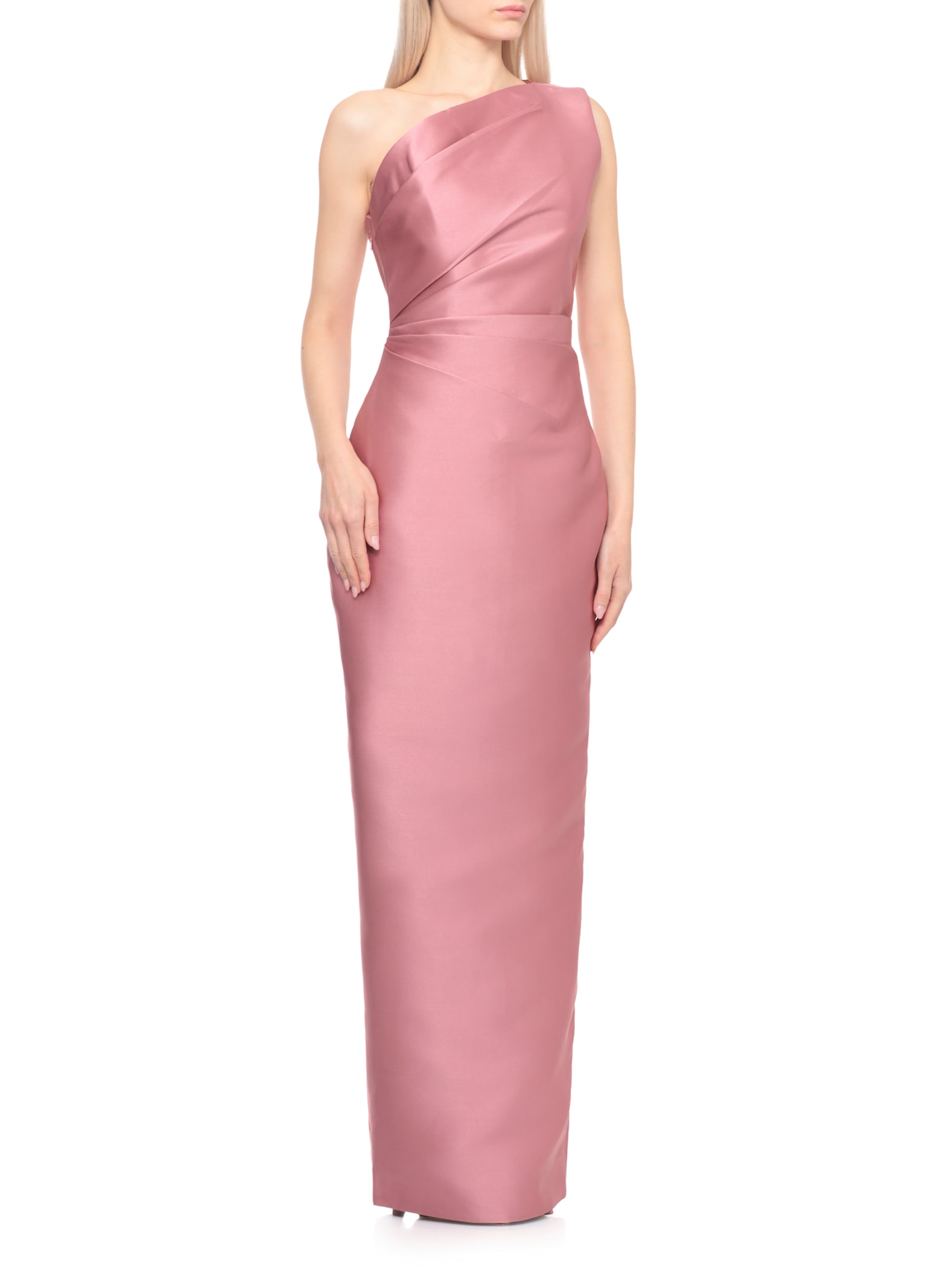 Solace London Kira Pink One-shoulder Long Dress With Draped Details In Twill Woman In Multi