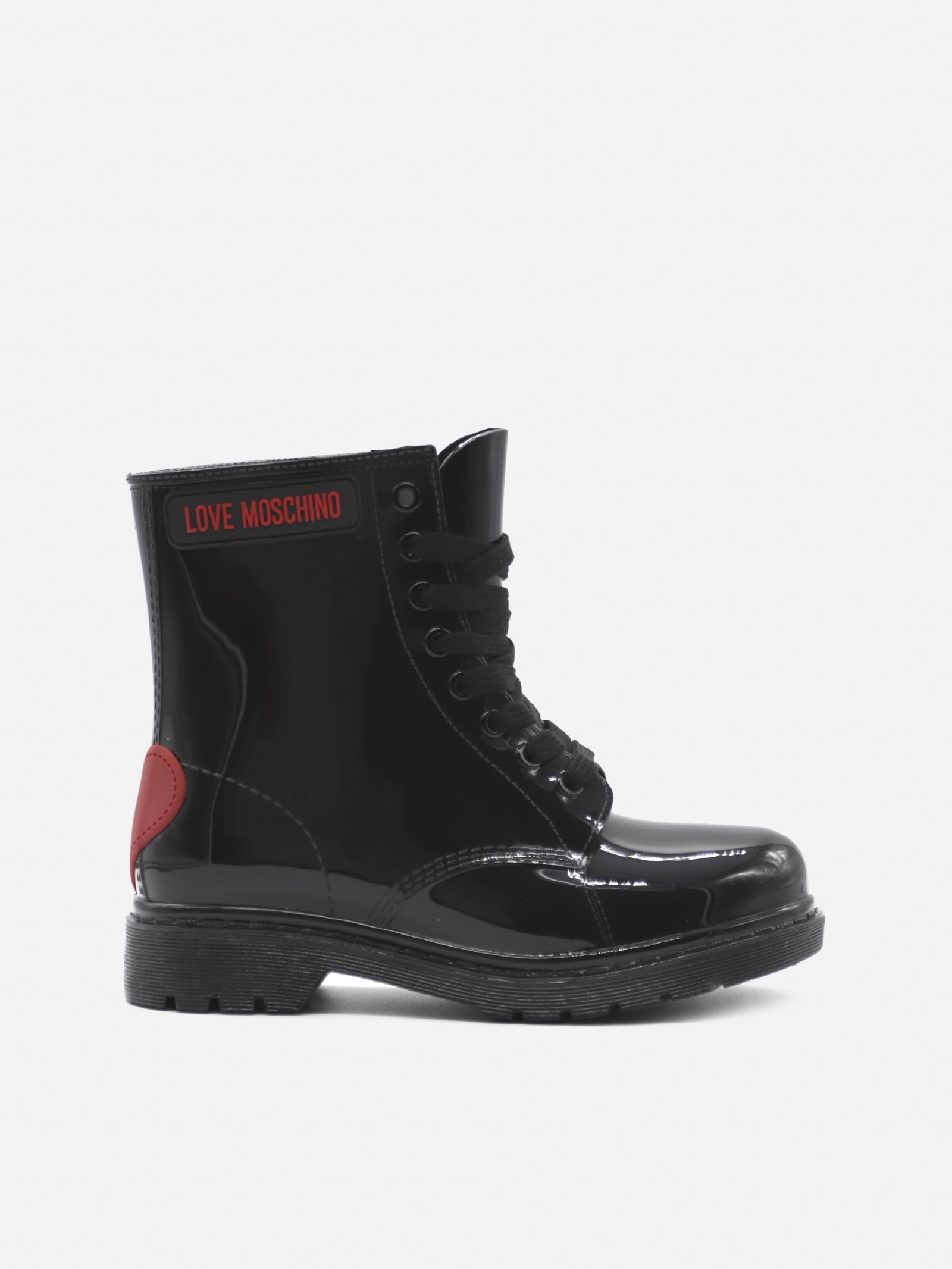 Buy Love Moschino Lace-up Boots In Glossy Finish With Logo Patch online, shop Love Moschino shoes with free shipping