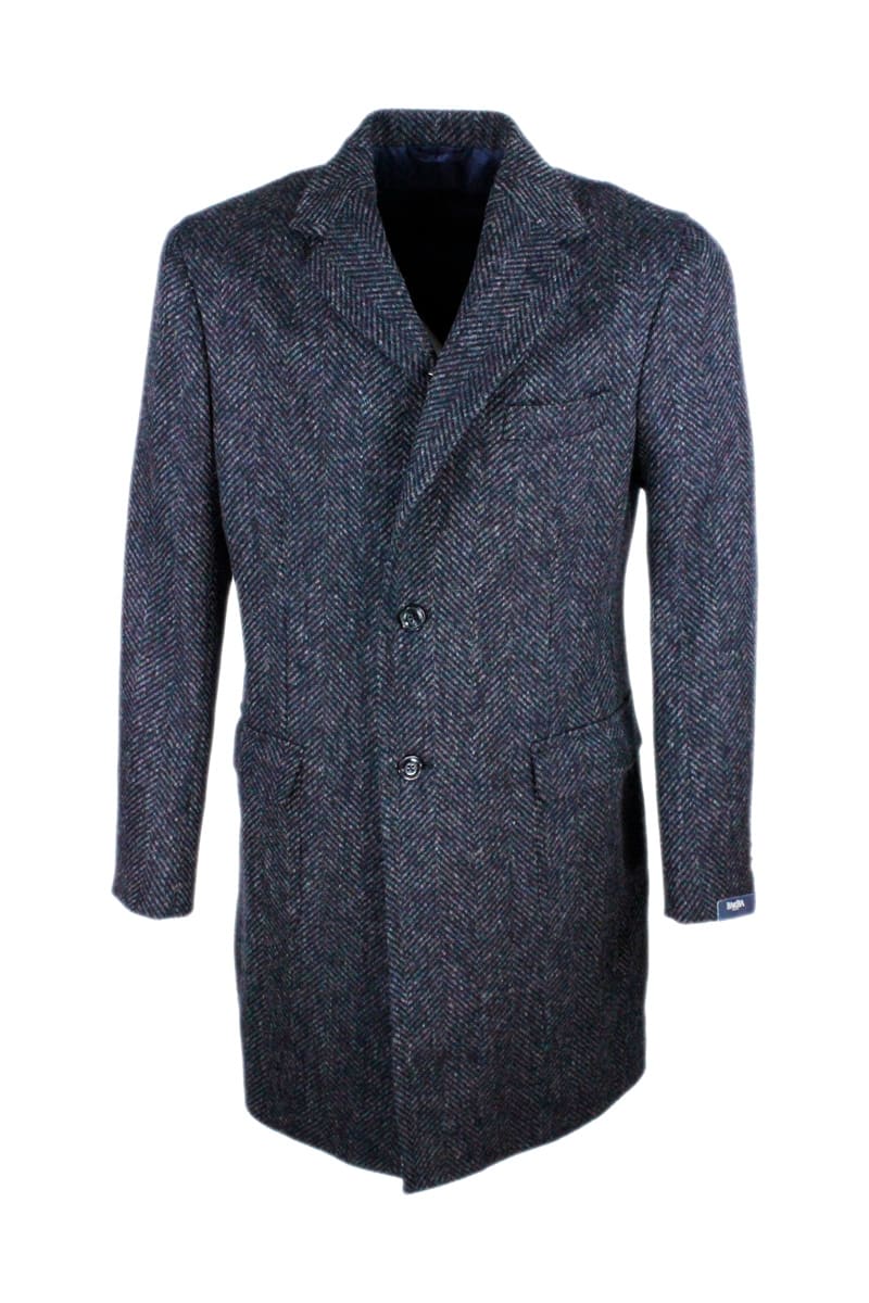 Barba Napoli Single-breasted Coat In Wool Blend With Herringbone Pattern With Flap Pockets