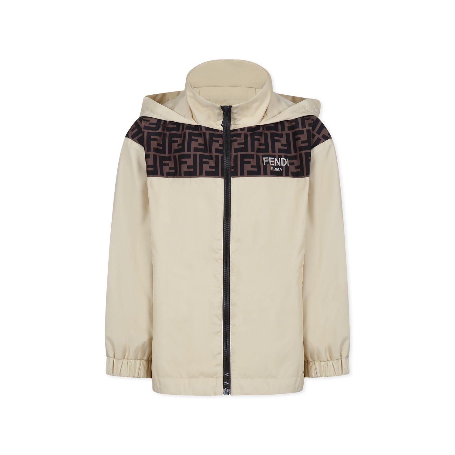 Fendi Beige Windbreaker Jacket For Kids With Ff In Beige