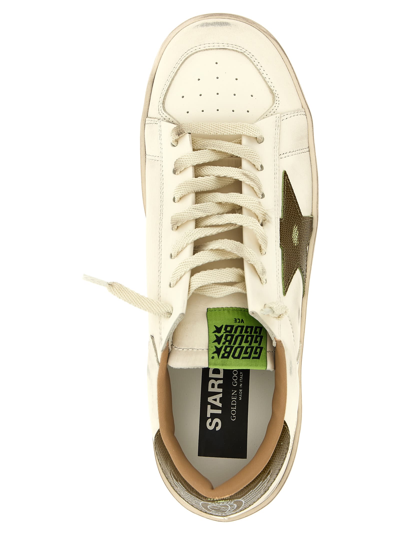 Golden Goose Stardan White Leather Sneakers With Green Star And Heel In Green