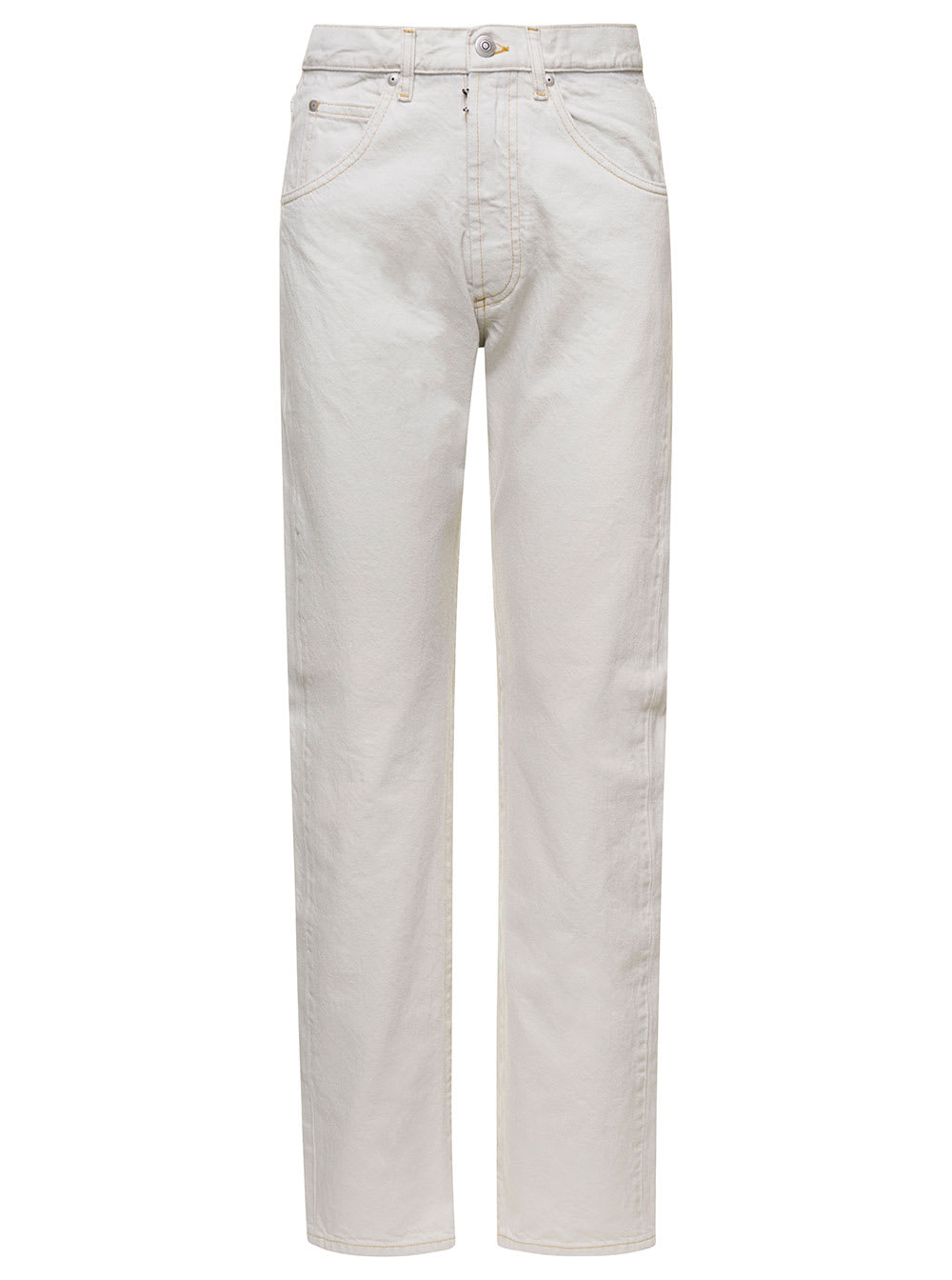 White 5-pocket Style Straight Jeans With Contrasting Stitching In Cotton Denim Woman