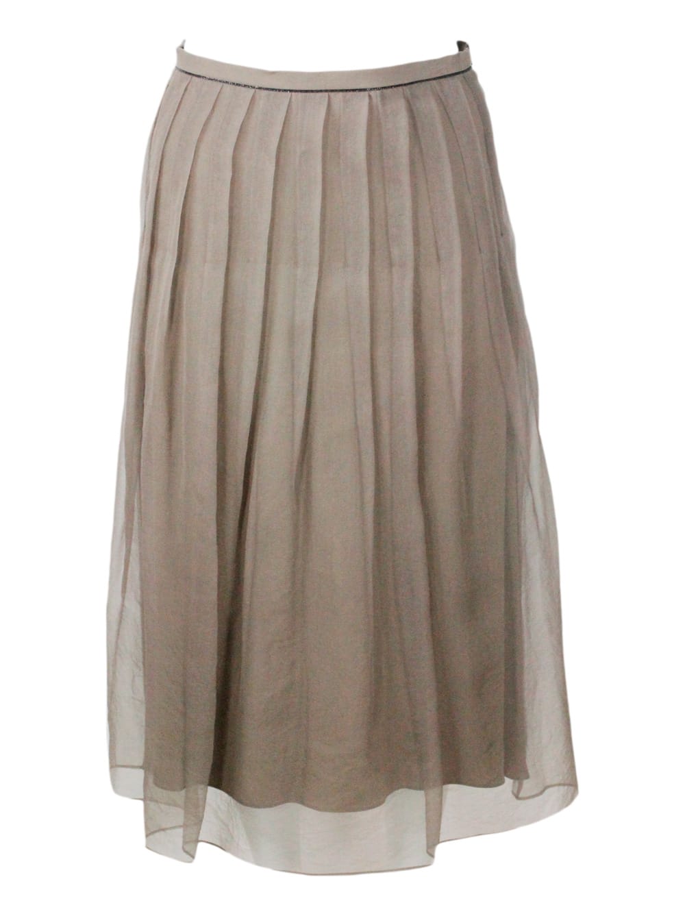 BRUNELLO CUCINELLI LONG PLEATED SKIRT MADE OF FINE SILK WITH UNDERLYING LINING. SIDE ZIP CLOSURE AND SHINY JEWEL ON THE