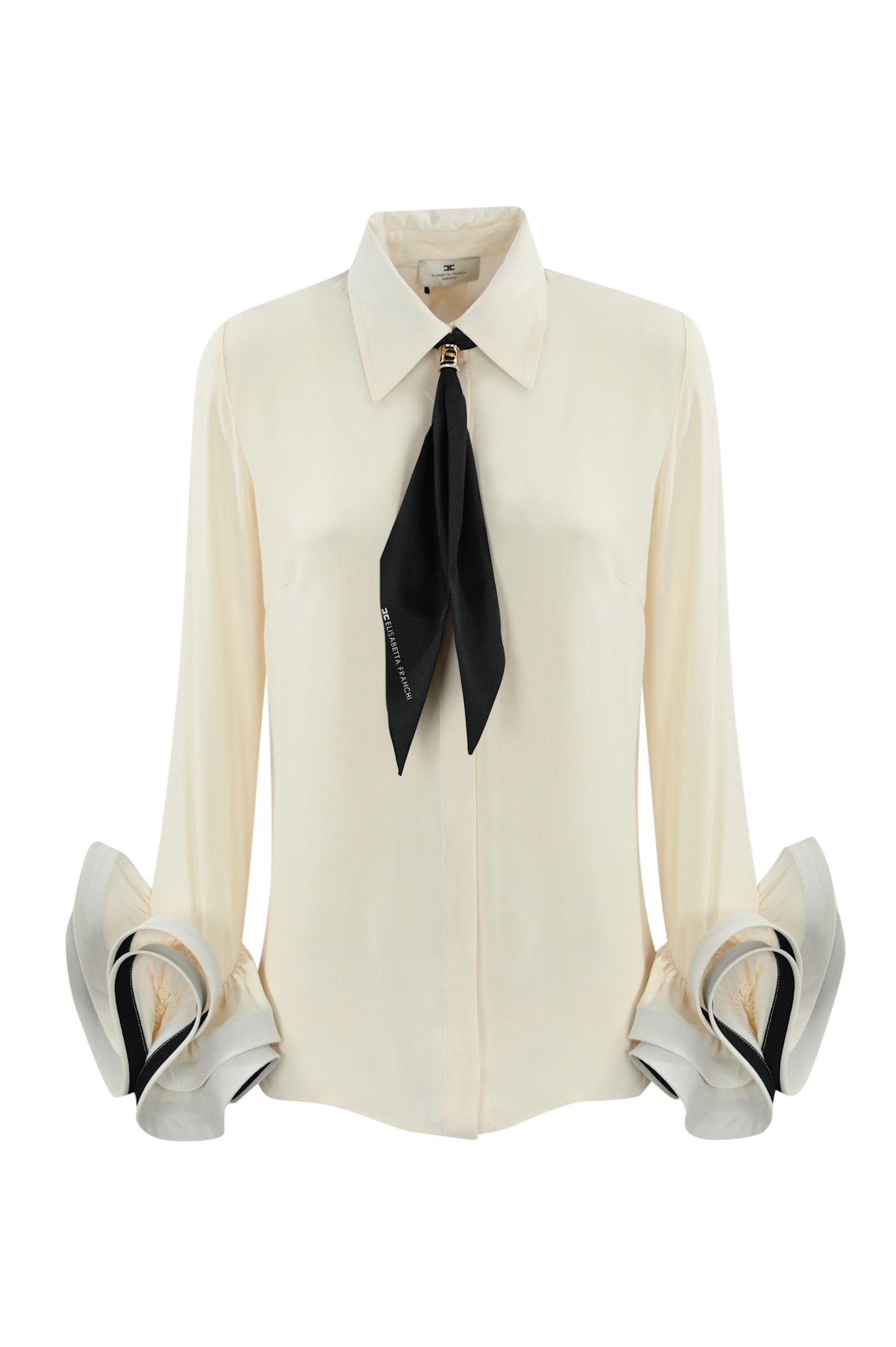 Shop Elisabetta Franchi Georgette Shirt With Ruffles And Scarf In Burro/nero