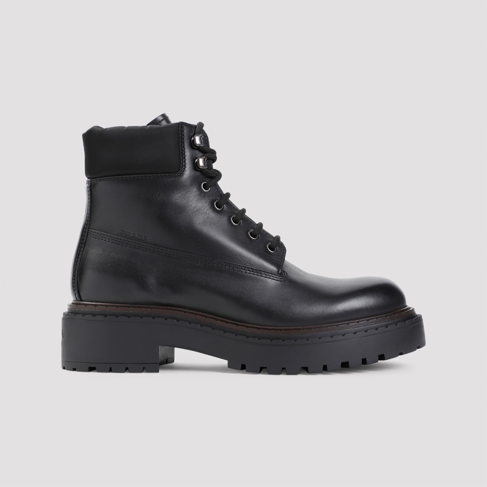 Prada Polished Leather Boots With Sole And Lace-up Design In Nero