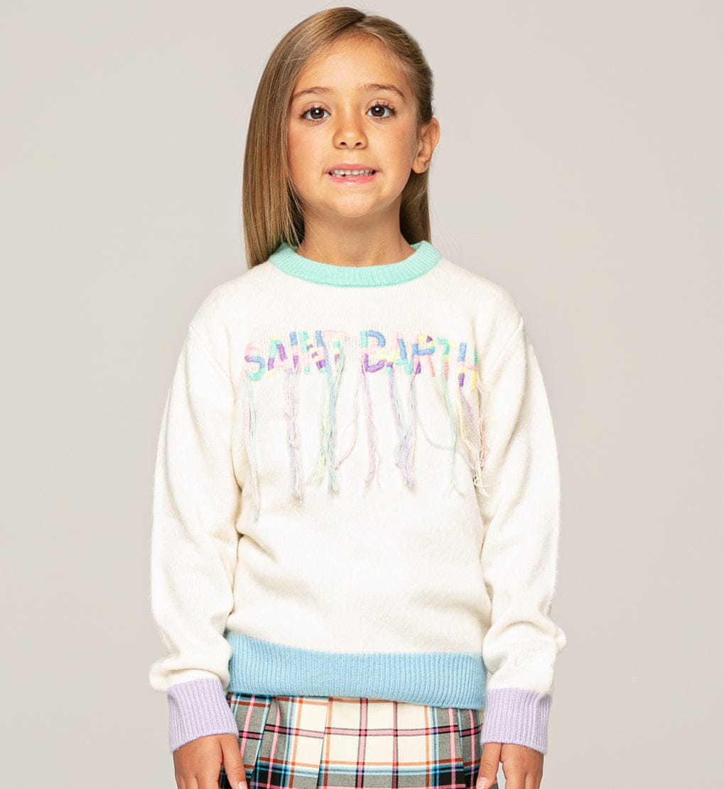 Mc2 Saint Barth Kids' Girl Brushed Sweater With Fringed Embroidery In White