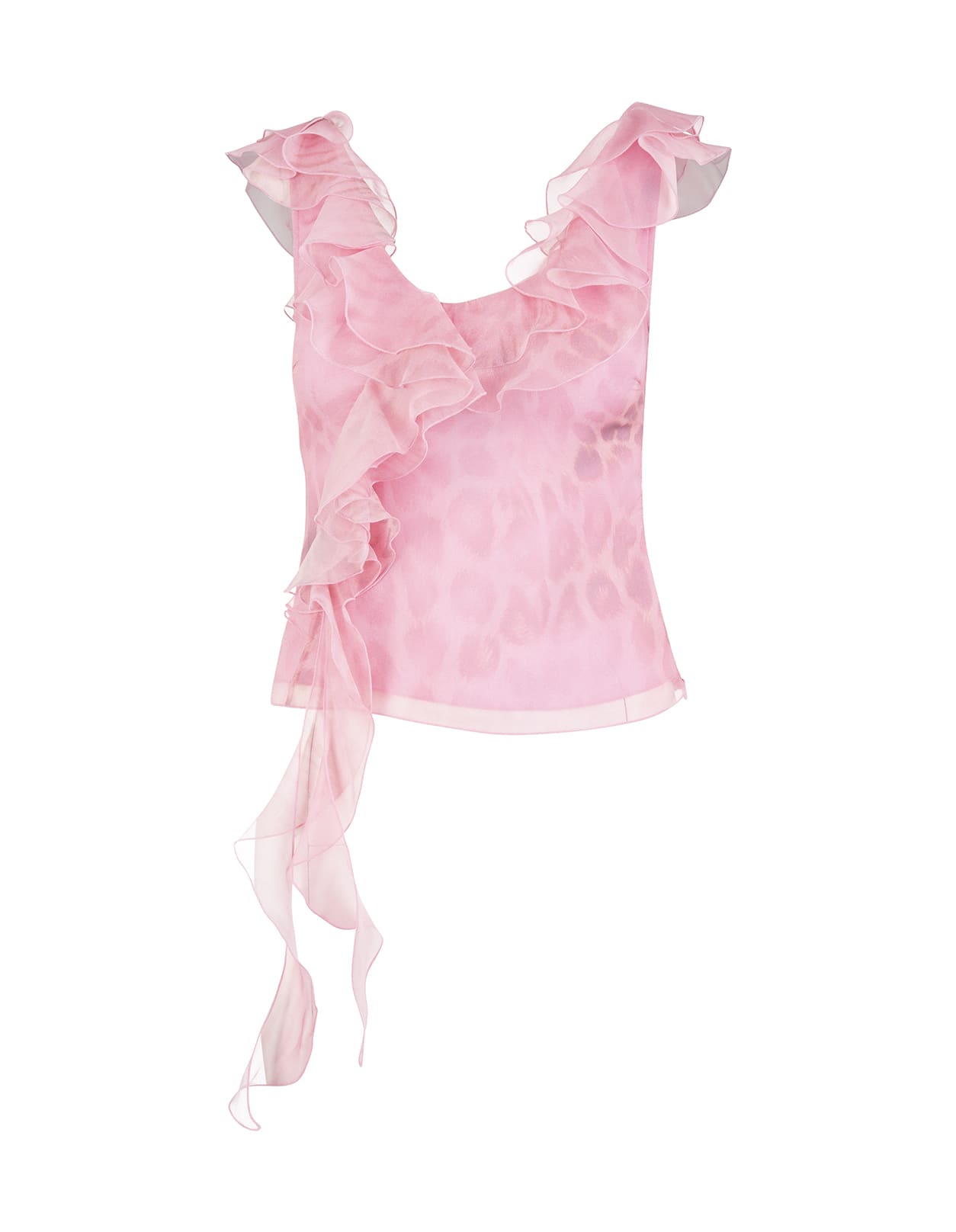 Blumarine Pink Top In Printed Silk With Ruffles