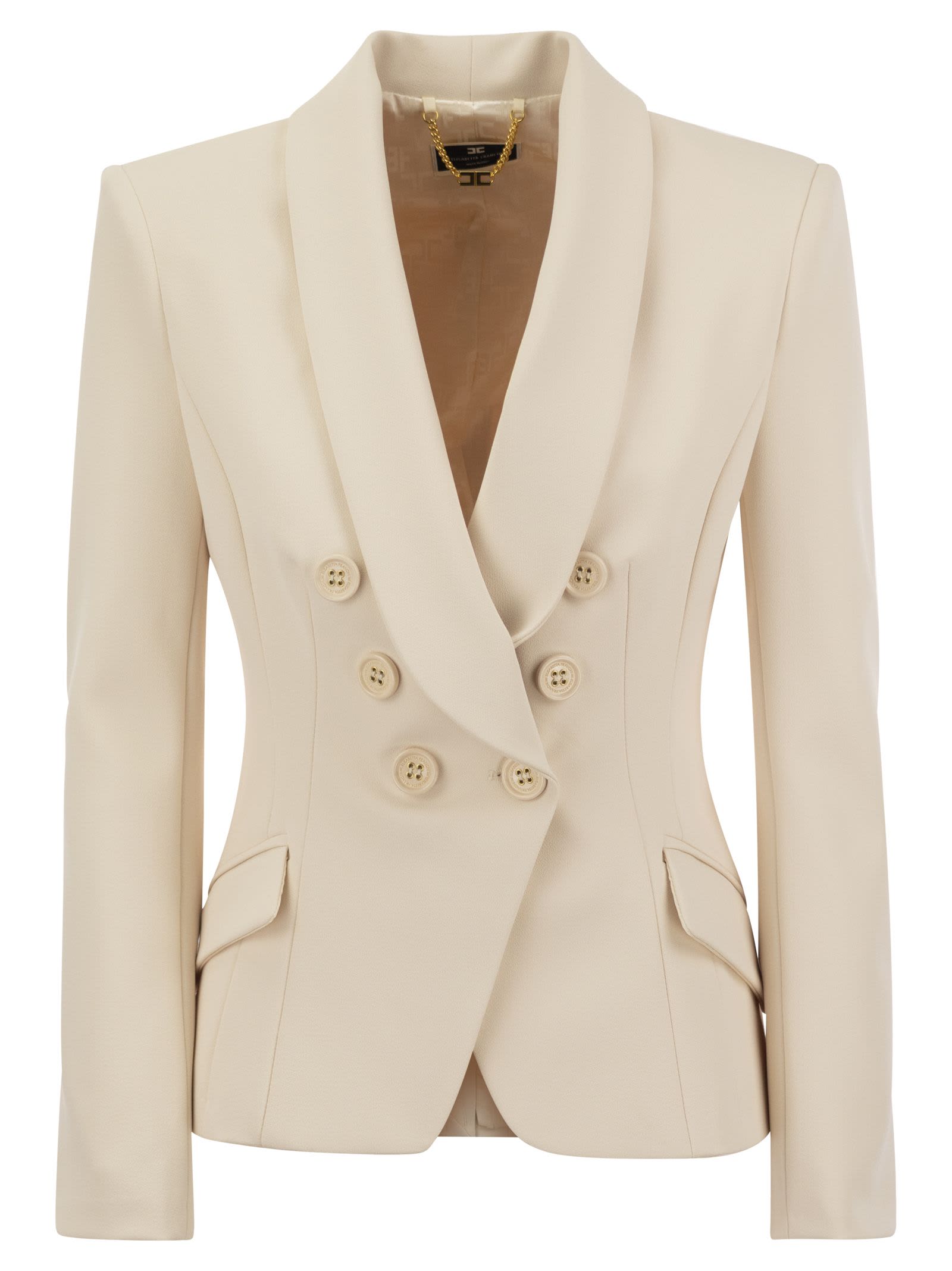 Shop Elisabetta Franchi Double-breasted Crepe Jacket With Shawl Lapels In Butter