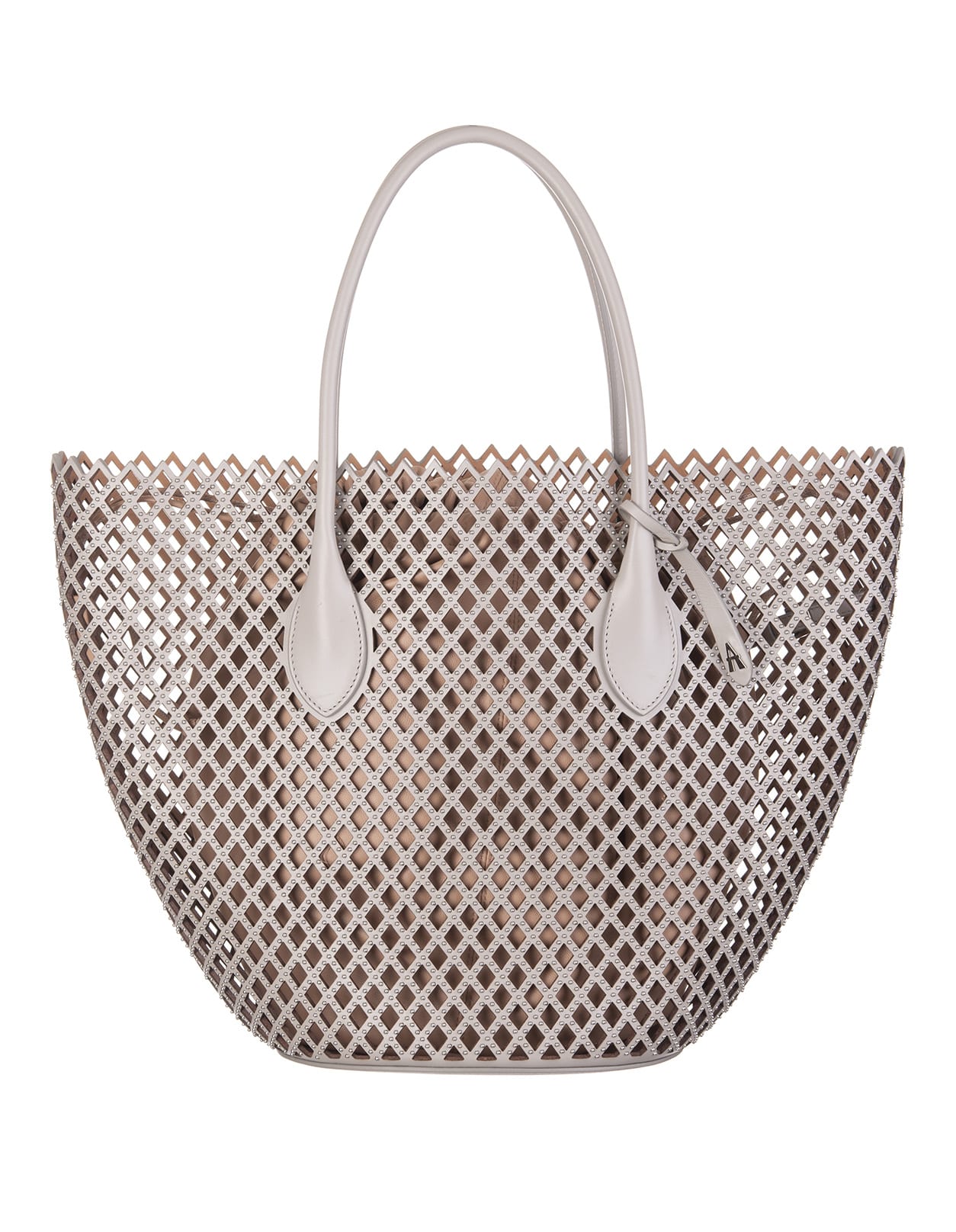 Alaia Large Perforated Pearl Grey Shopping Bag With All-Over Micro Studs
