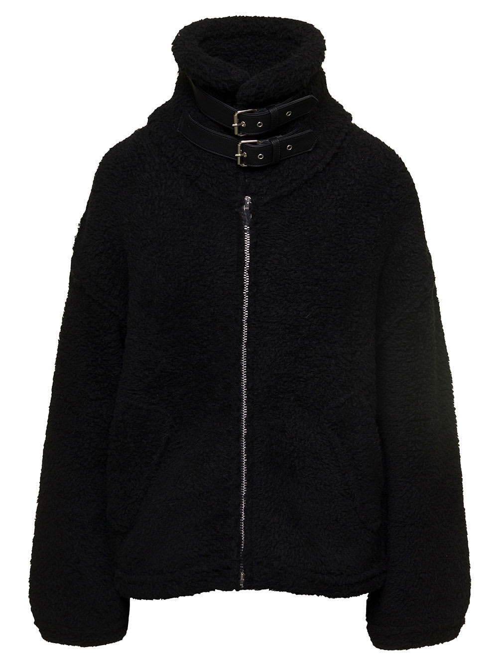 Black High-neck Jacket With Double Buckle Strap In Shearling Woman Laneus