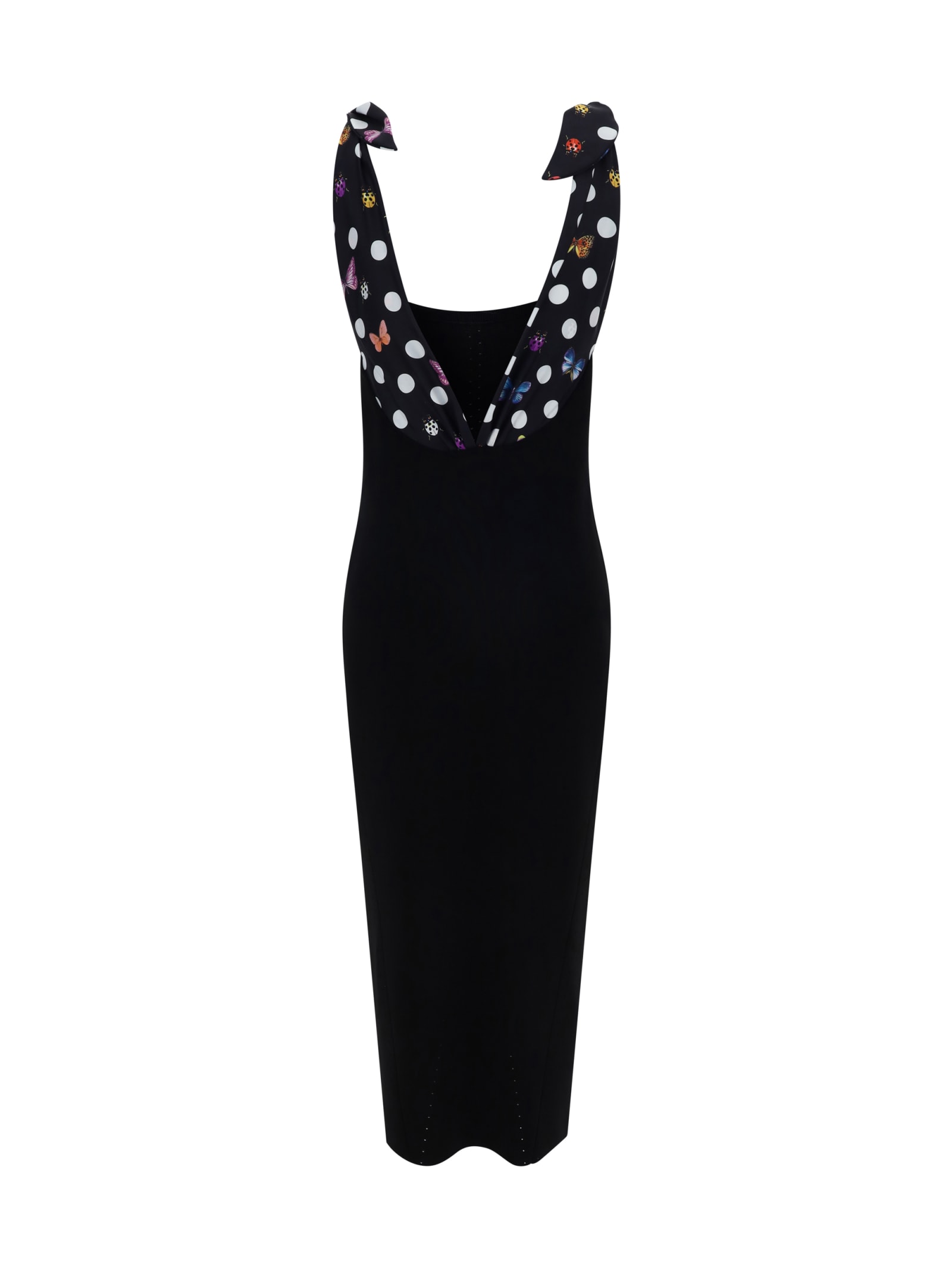 Versace Knit Midi Dress With Polka Dot Silk Twill Inserts In Black