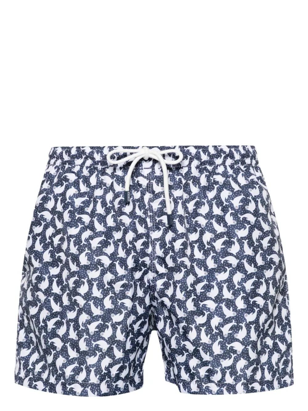 Shop Fedeli Blue Swim Shorts With Seal Pattern