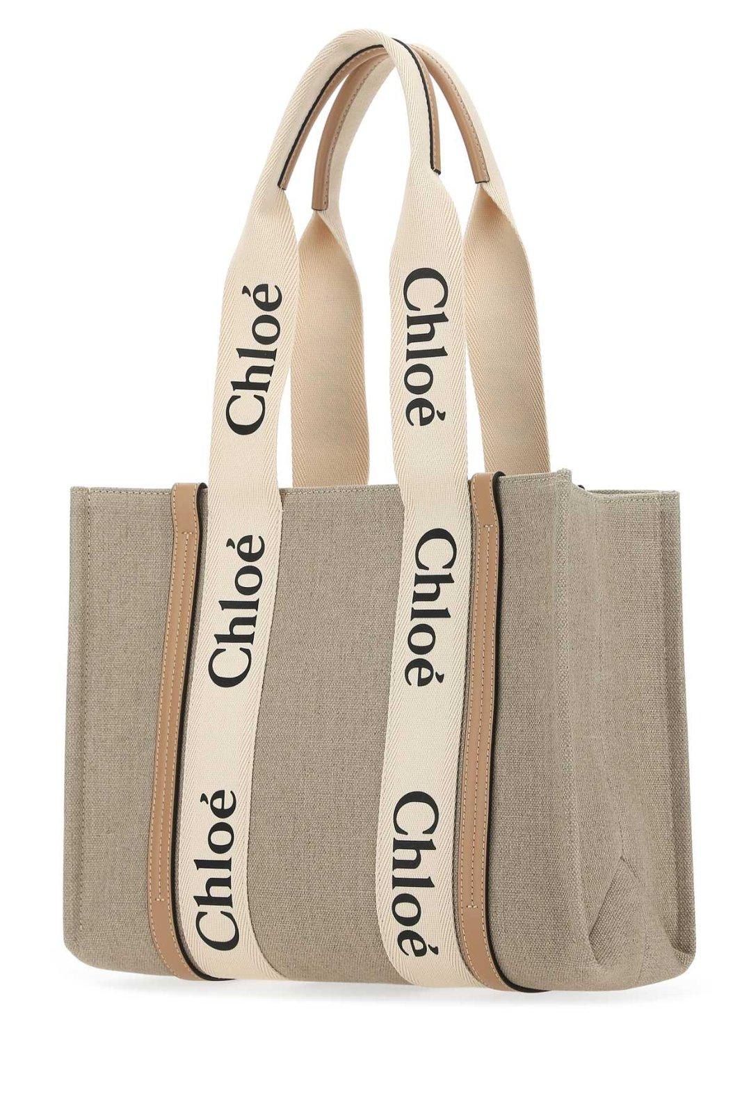 Shop Chloé Woody Logo Printed Medium Tote Bag In Beige