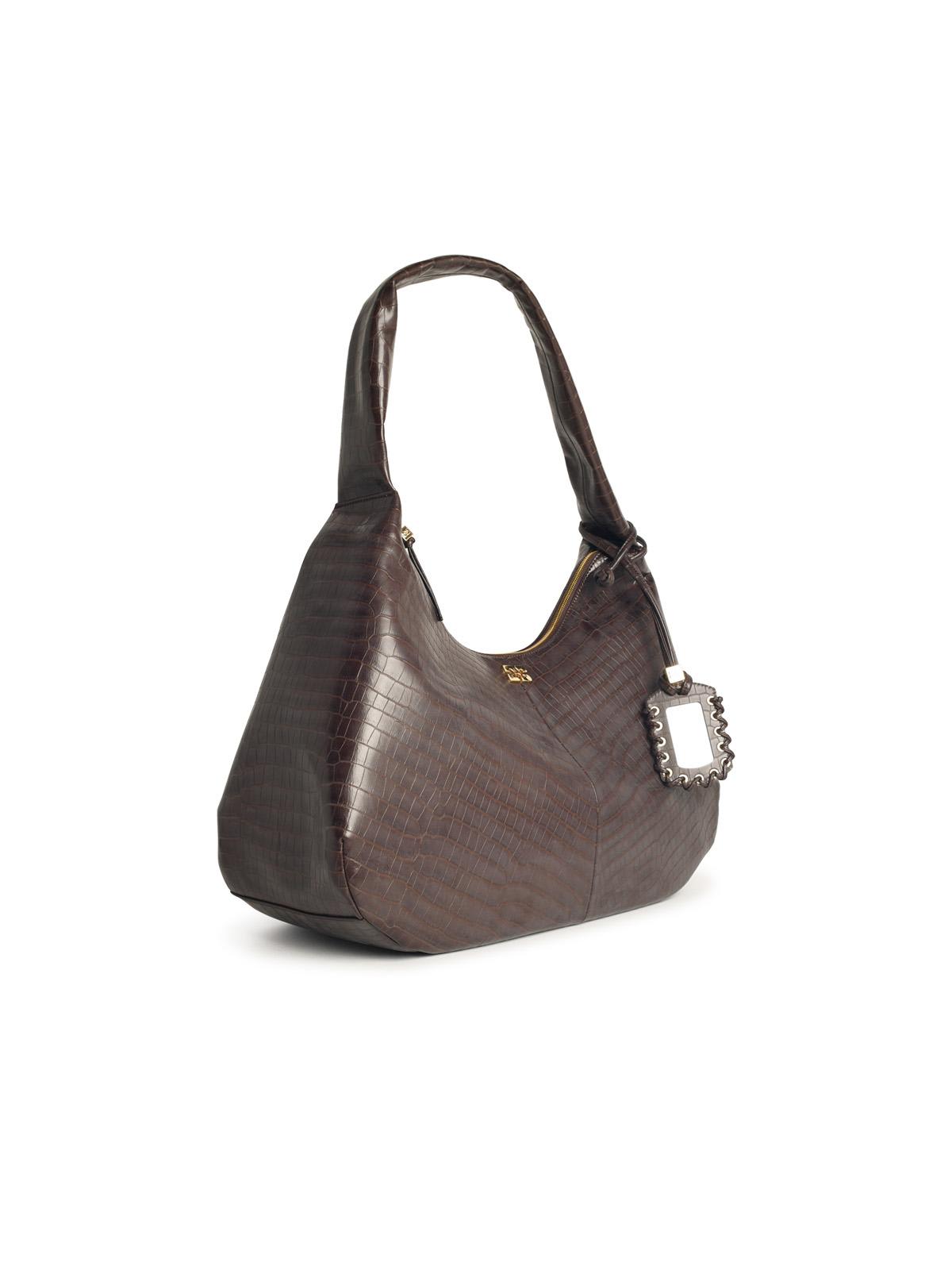 Ganni Crocodile-embossed Shoulder Bag In Brown