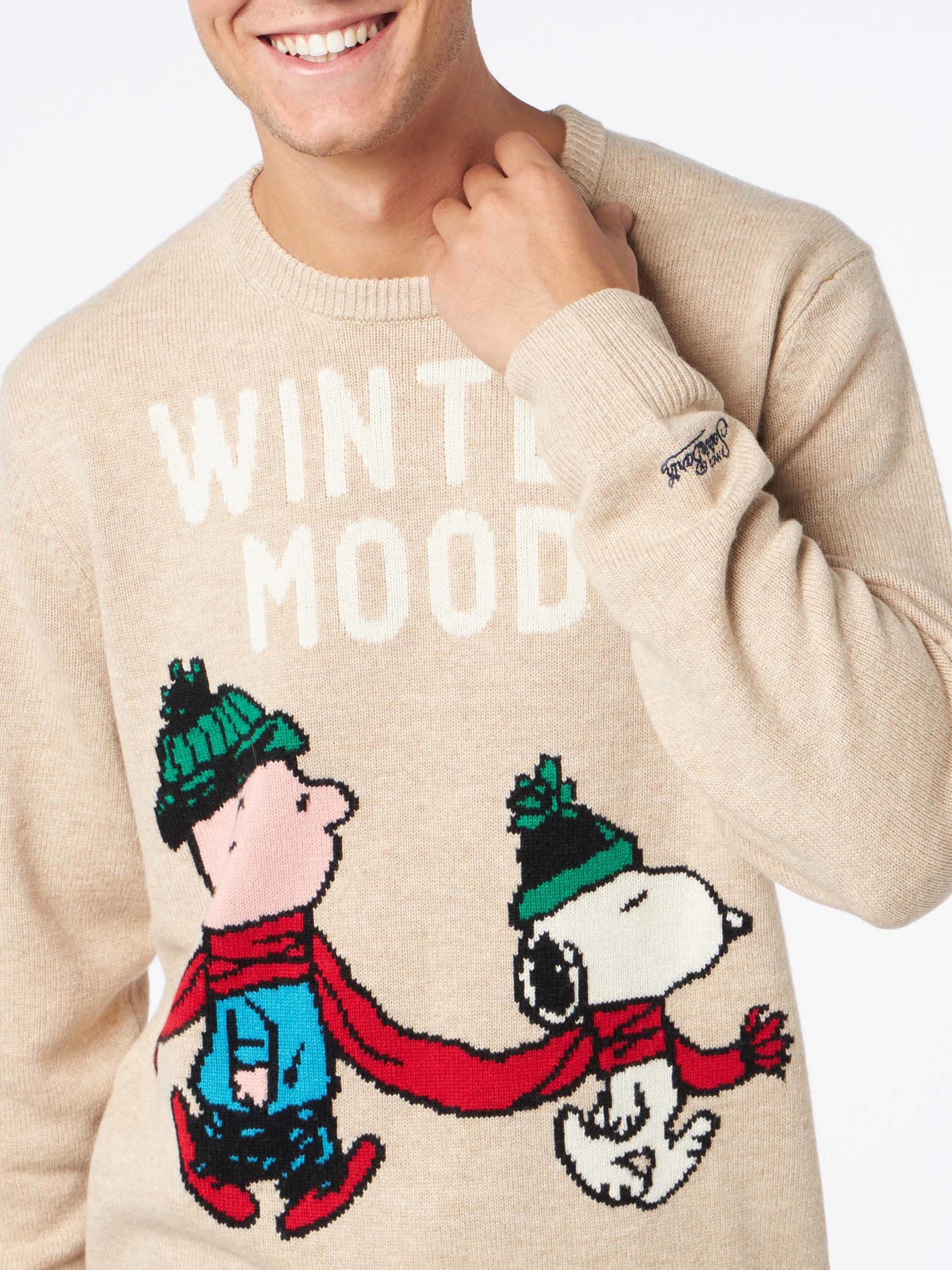 Shop Mc2 Saint Barth Man Crewneck Sweater With Snoopy And Charlie Jacquard Print Snoopy - ©peanuts Special Edition In Brown